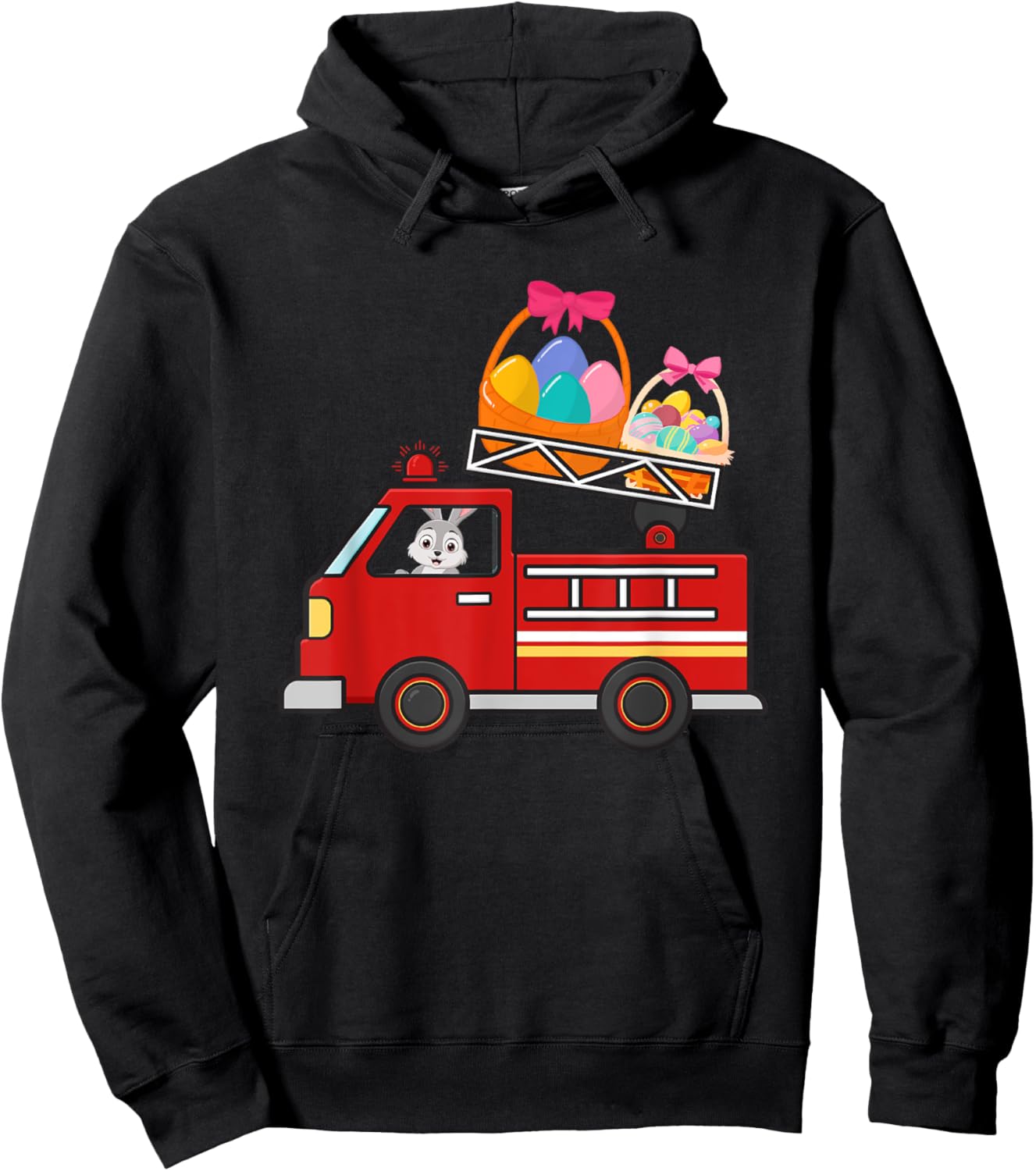 Bunny Riding Firetruck Easter Day Firefighter Happy Easter Hoodie - Hoodie | Black