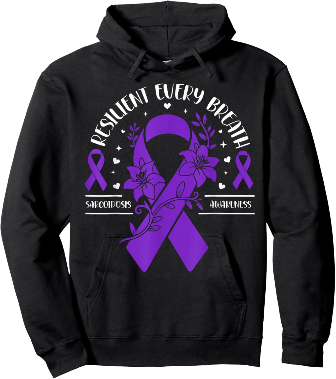 Sarcoidosis Awareness Floral Purple Ribbon Hoodie - Hoodie | Black