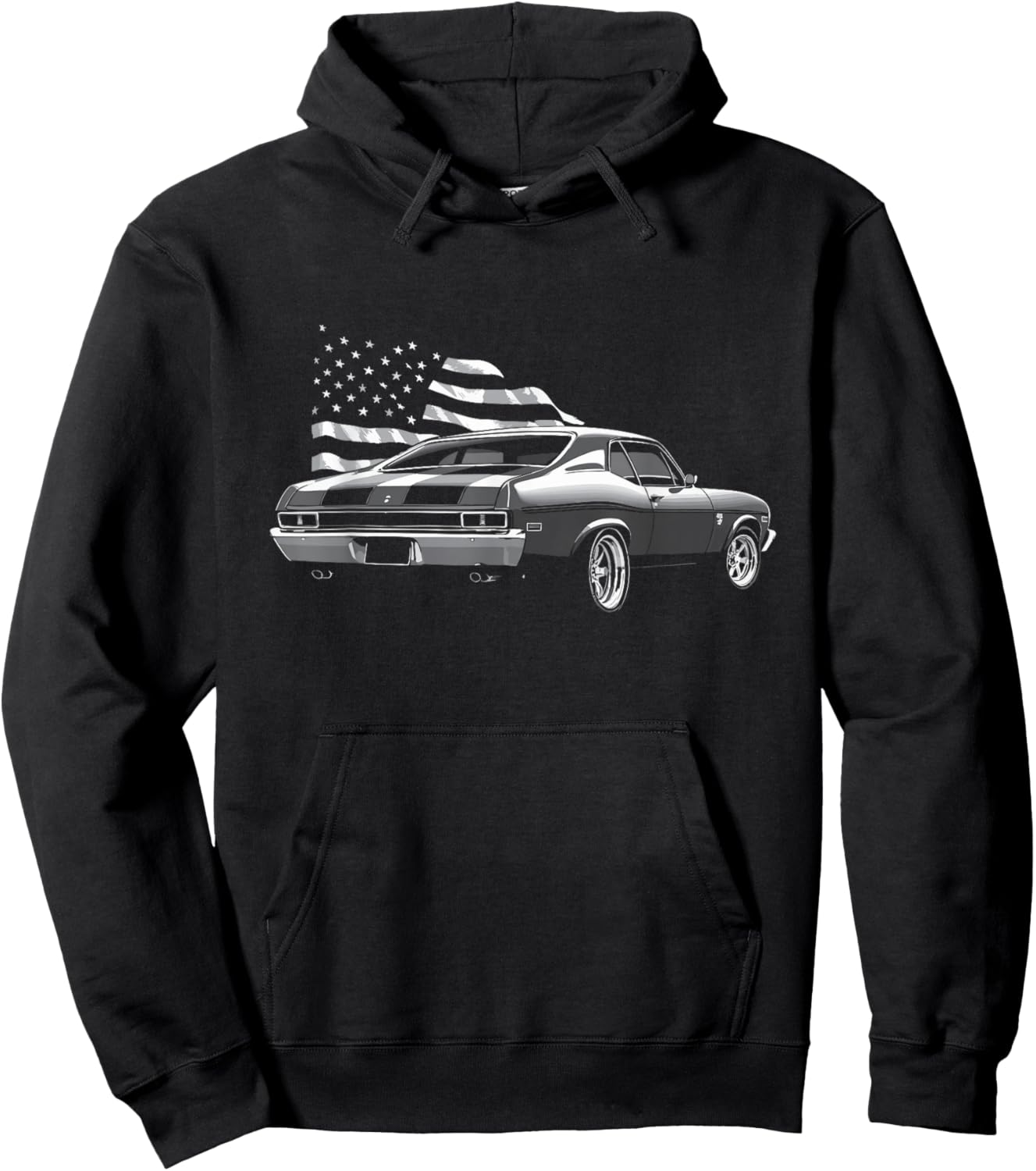 1972 72 Nova USA Flag Rear View Muscle Car Classic Nova SS Hoodie - Hoodie | Black