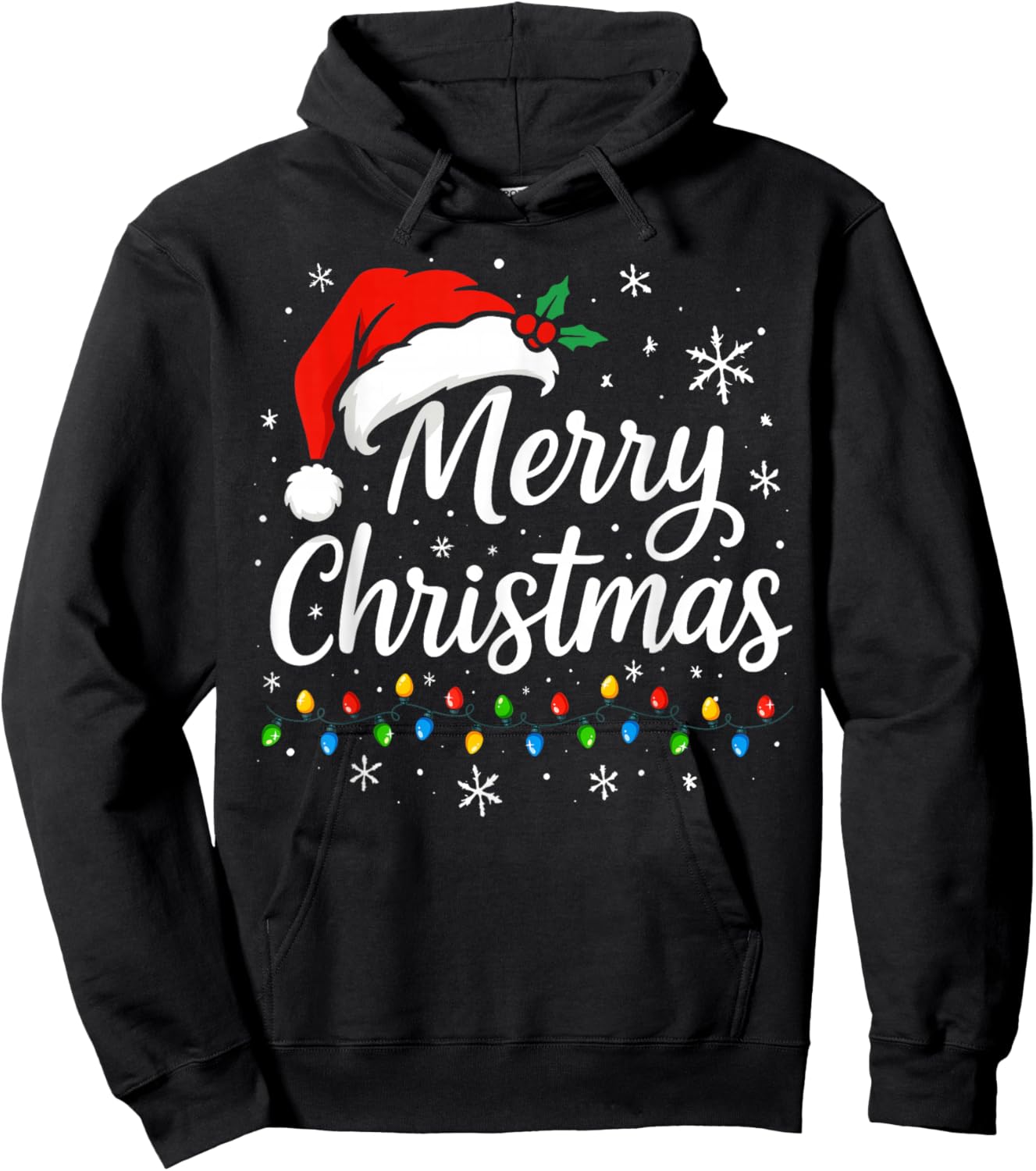 Merry Christmas Lights Red Santa Hat Xmas Family Matching Hoodie - Hoodie | Black