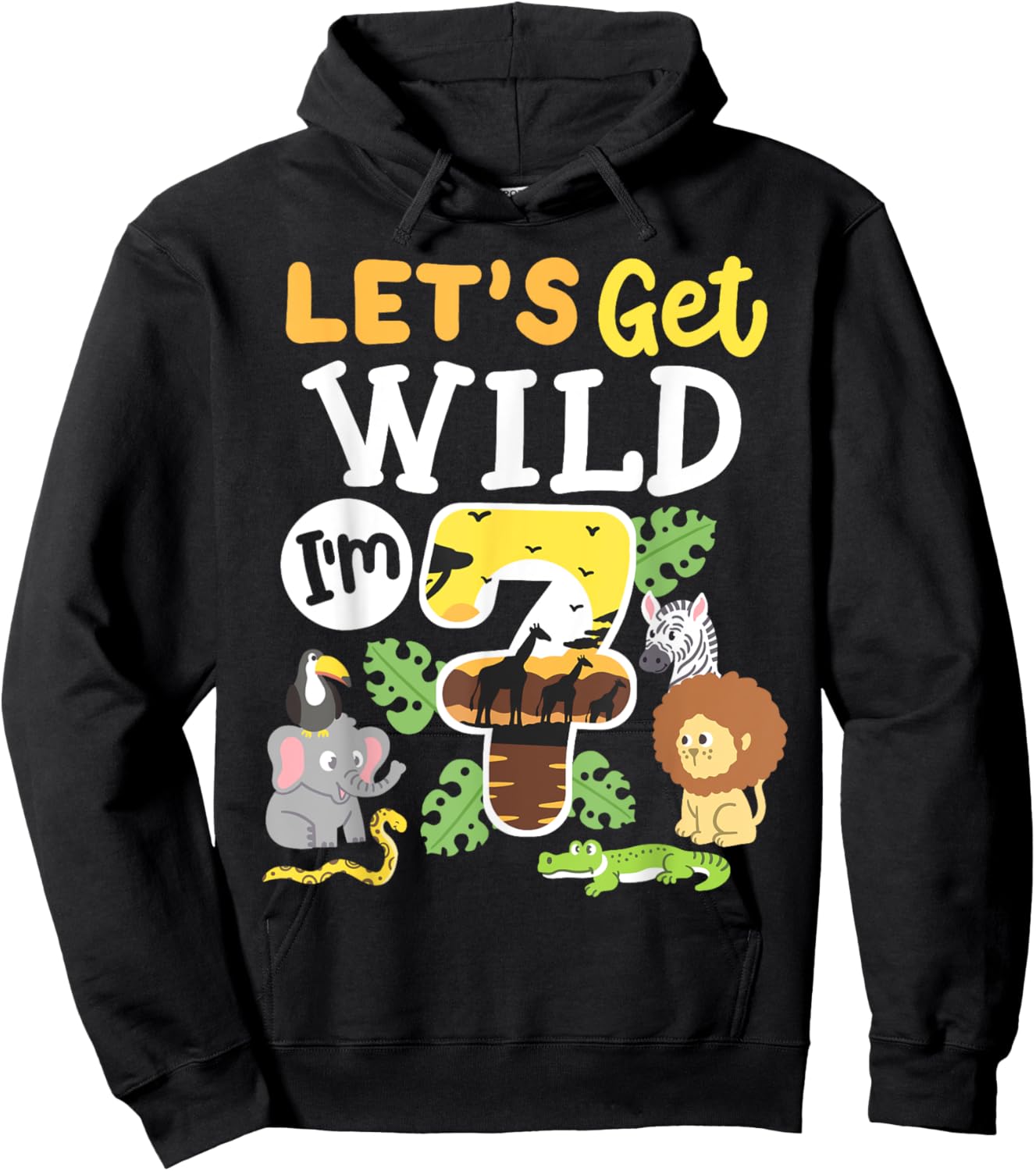 Jungle Safari Let's Get Wild 7th Birthday Zoo 7 Year Old Kid Hoodie - Hoodie | Black