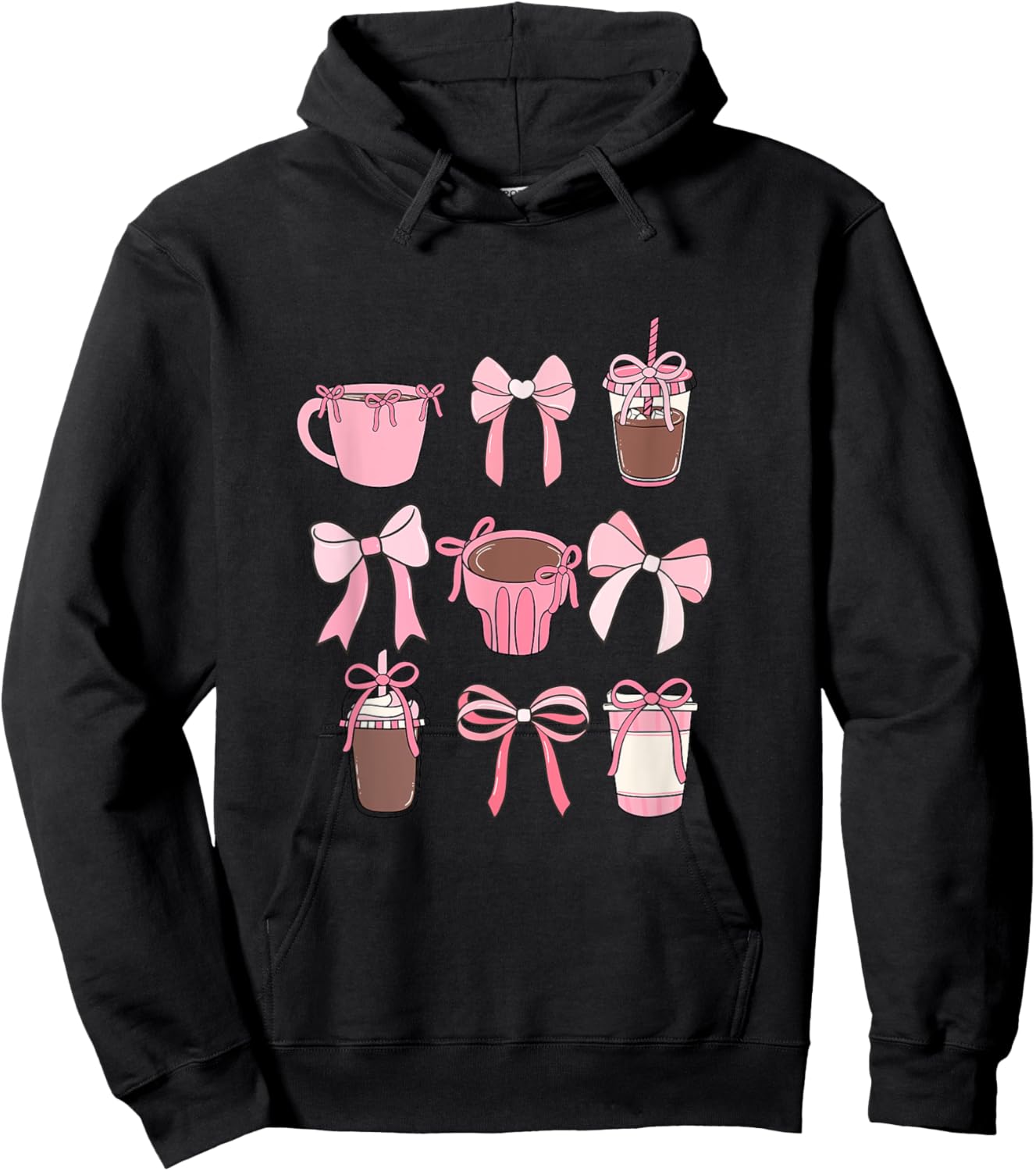 Cute Hot Iced Coffee and PInk Bows Girly Aesthetic Hoodie - Hoodie | Black