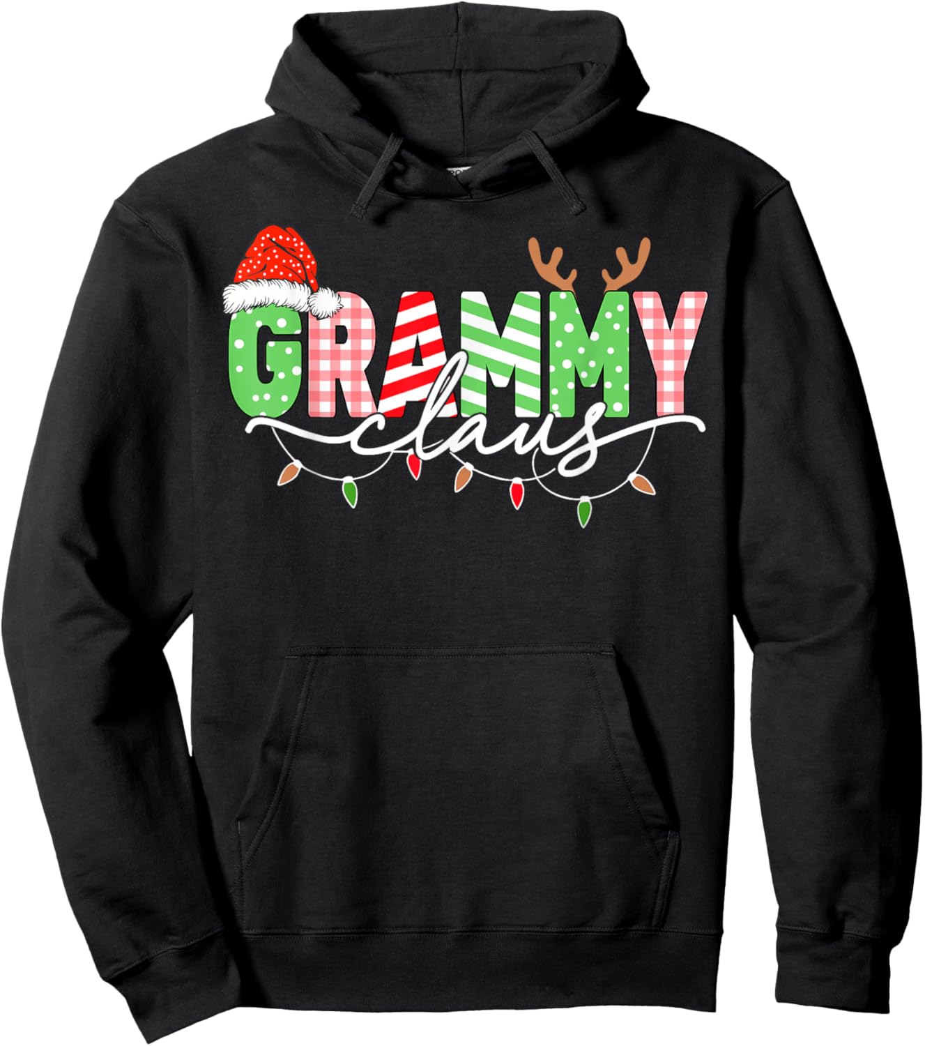 Grammy Claus Christmas Lights Santa Hat Family Matching Hoodie - Hoodie | Black