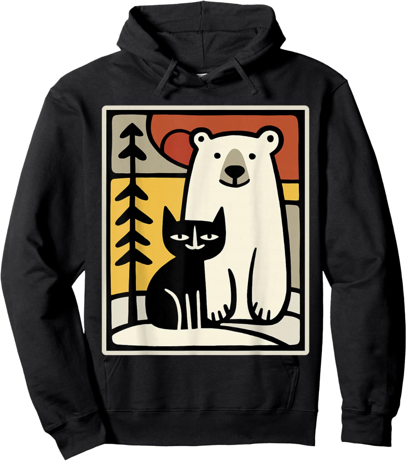 Black Cat and Polar Bear Sitting in Snow Winter Animal Art Hoodie - Hoodie | Black