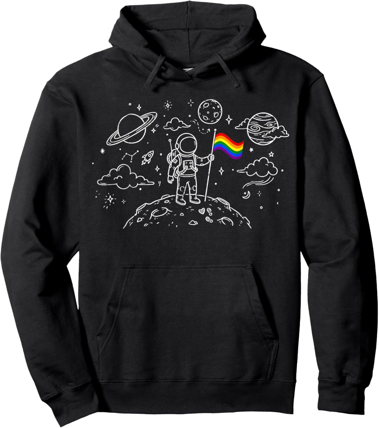 Rainbow Flag Astronaut Moon Space LGBTQ Space Gay Pride Ally Hoodie - Hoodie | Black