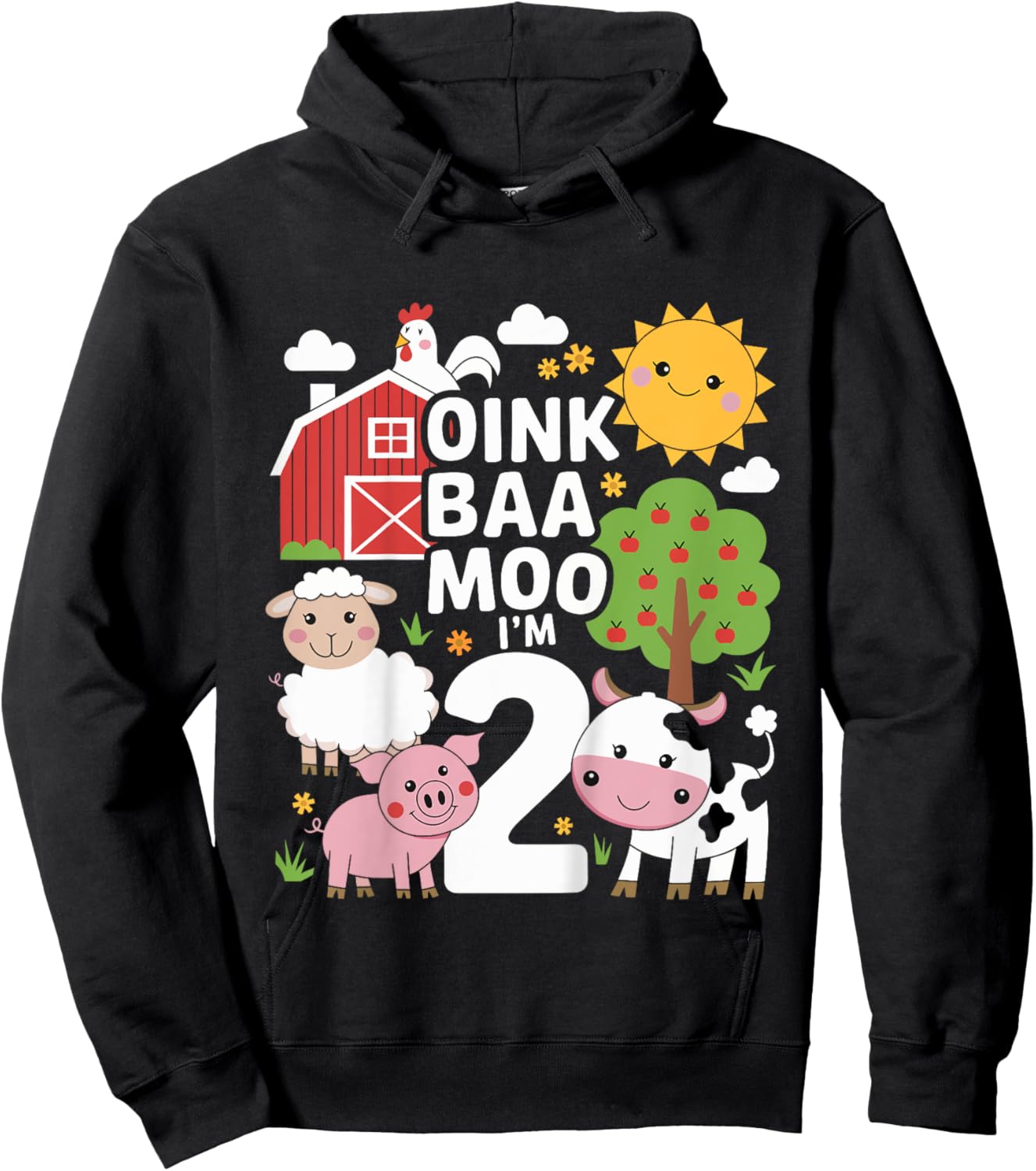 Oink Baa Moo I'm Two Birthday Cute Farm Theme 2nd Birthday Hoodie - Hoodie | Black