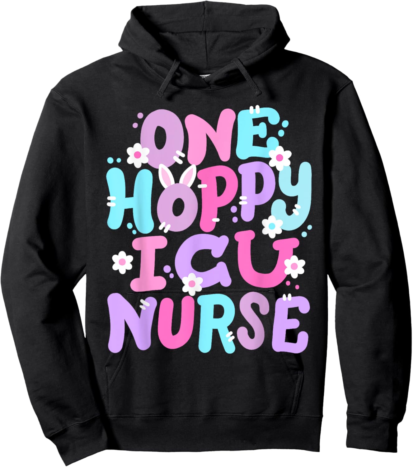 One Hoppy ICU Nurse Retro Groovy Happy Easter Bunny Women Hoodie - Hoodie | Black