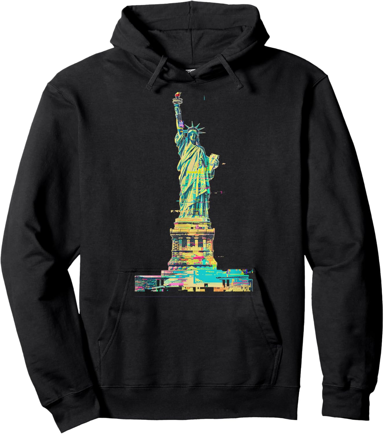 Glitch Art Statue of Liberty Cyan Magenta Yellow Hoodie - Hoodie | Black