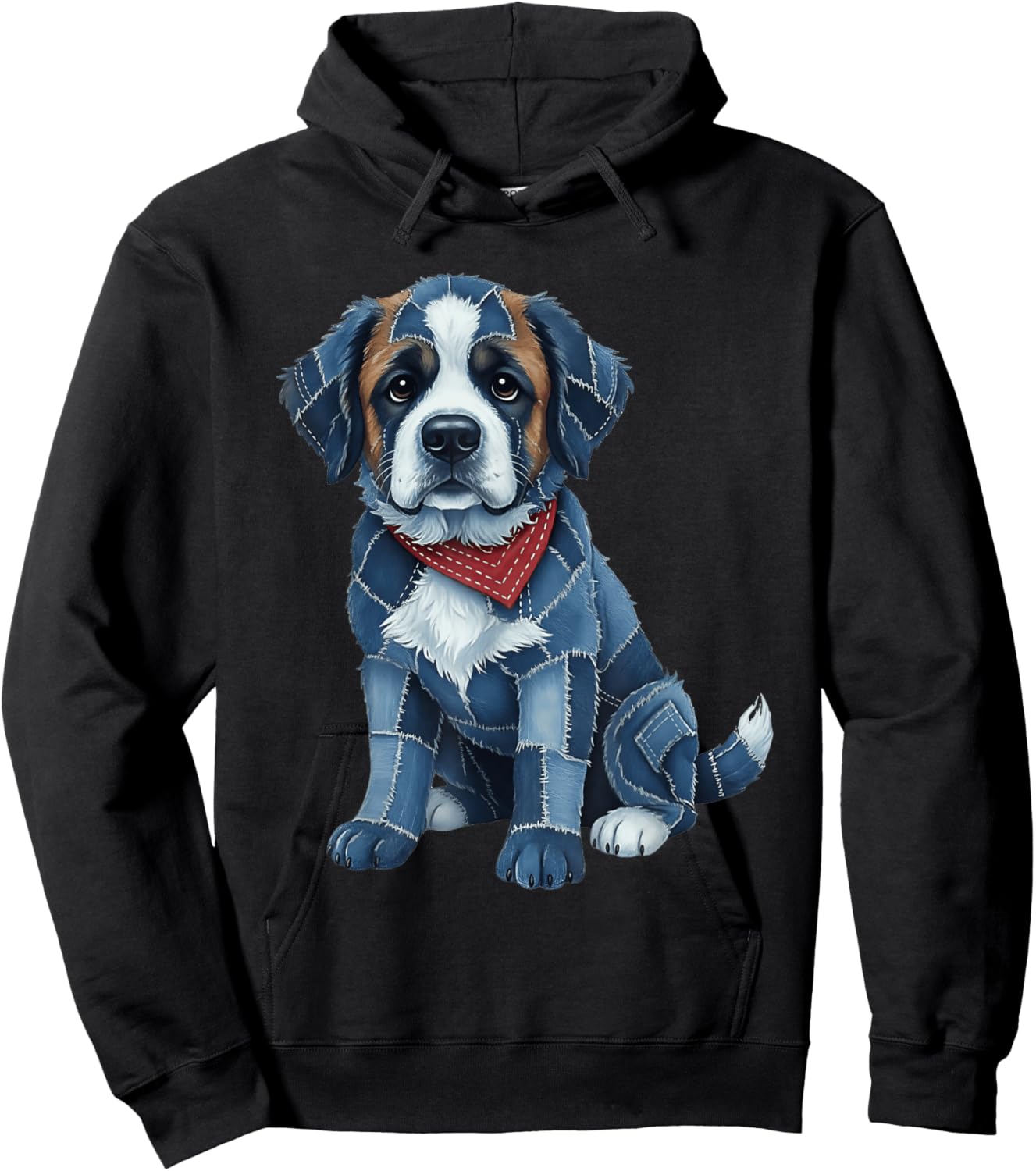 Funny Saint Bernard Dog Blue Denim Patchwork Pattern Hoodie - Hoodie | Black