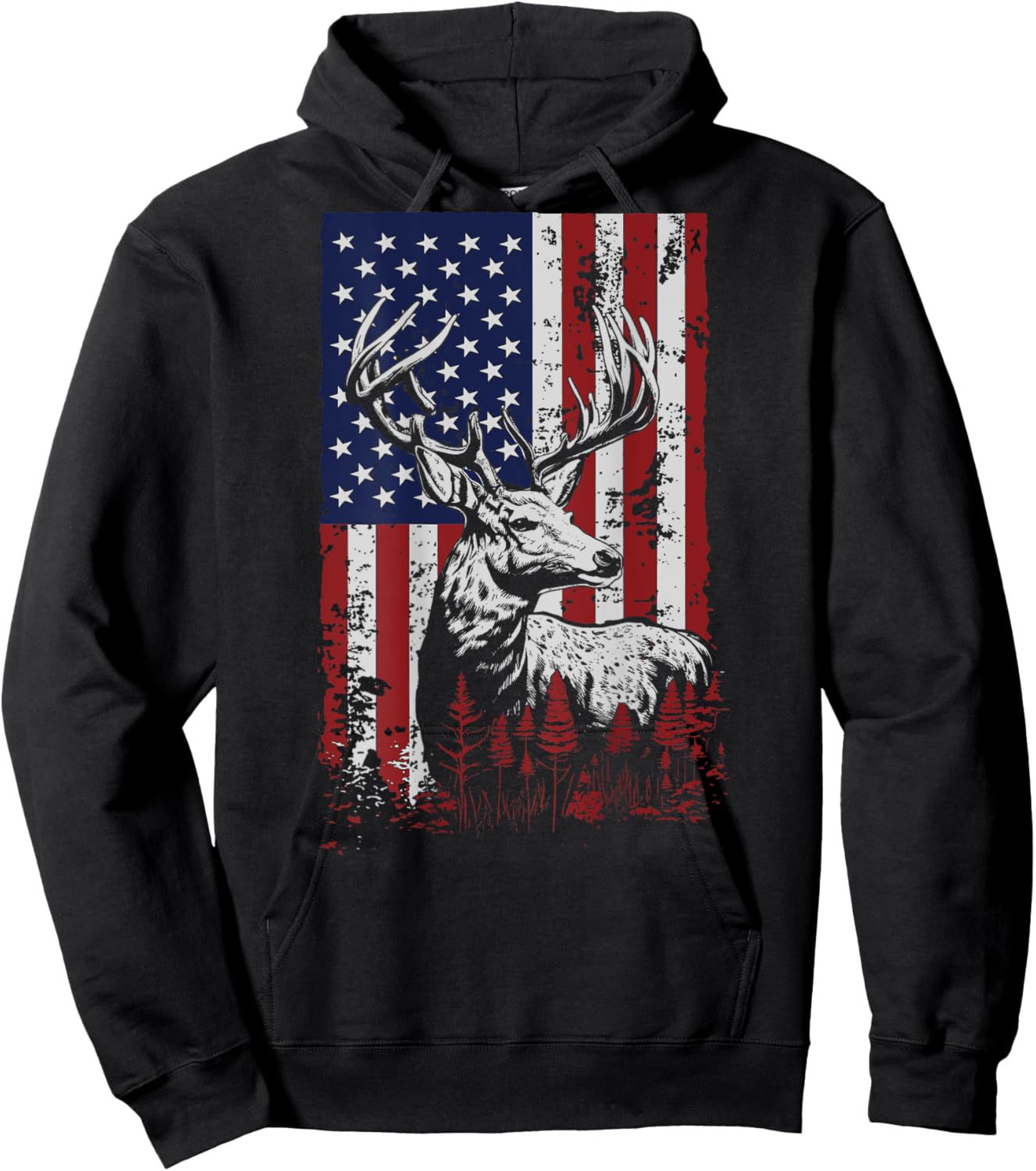 Whitetail Buck Deer Hunting American Flag Patriotic ON BACK Hoodie - Hoodie | Black