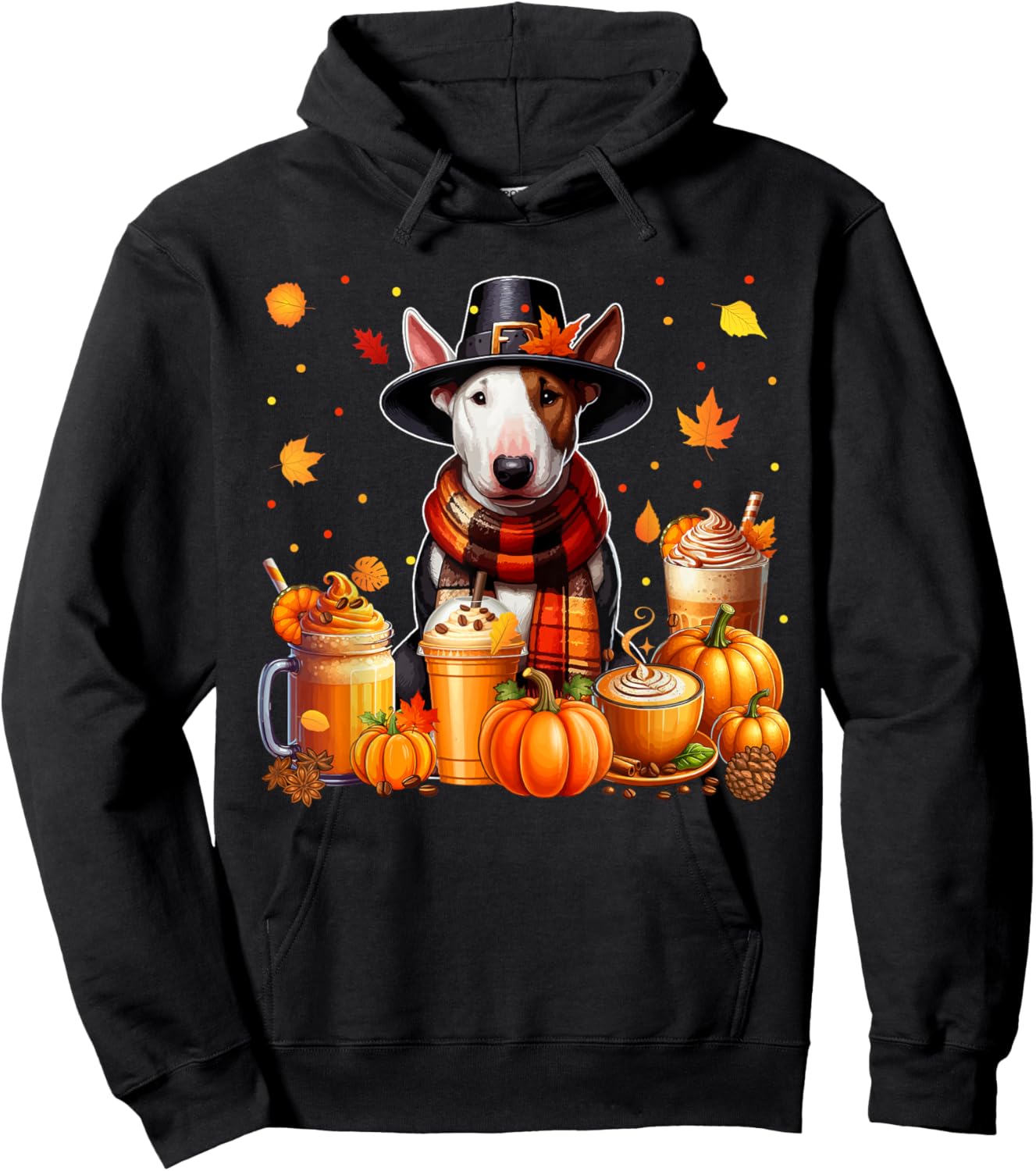 Bull Terrier Thanksgiving Drinks Coffee Fall Leaves Pumpkins Hoodie - Hoodie | Black