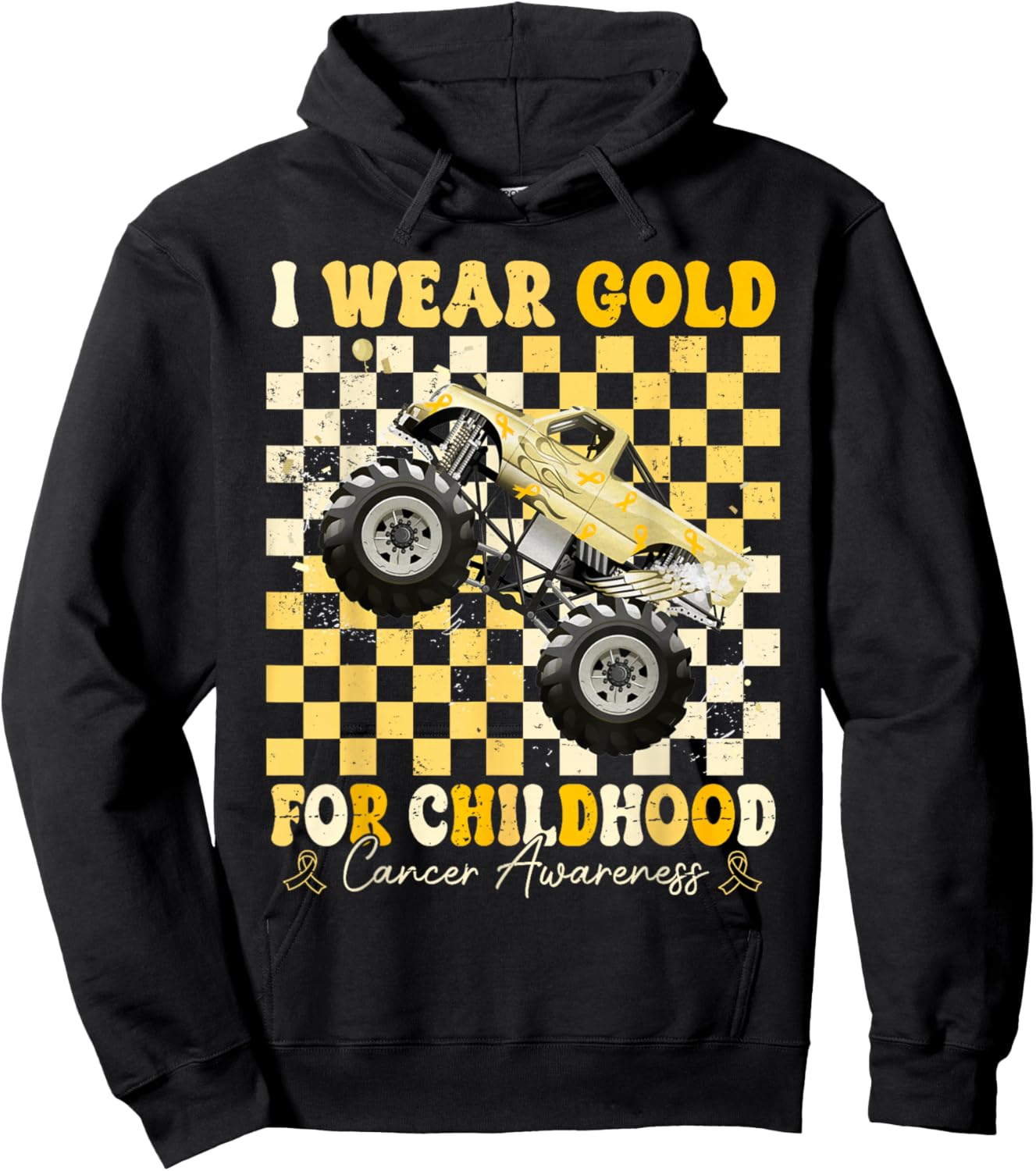 I Wear Gold for Childhood Cancer Awareness Monster Truck Kid Hoodie - Hoodie | Black