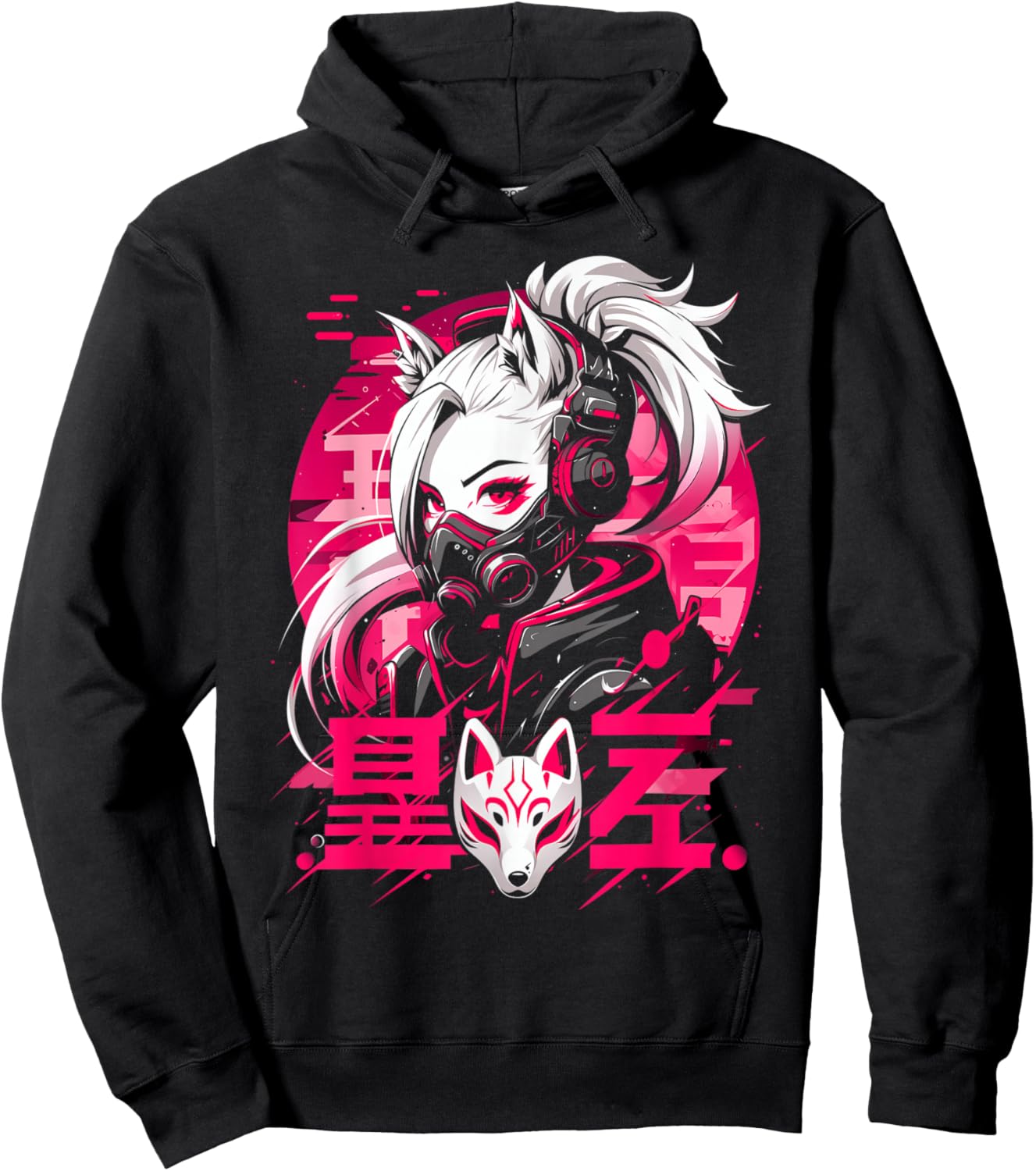 Anime Manga Cyberpunk Aesthetic Techwear Harajuku Kitsune Hoodie - Hoodie | Black