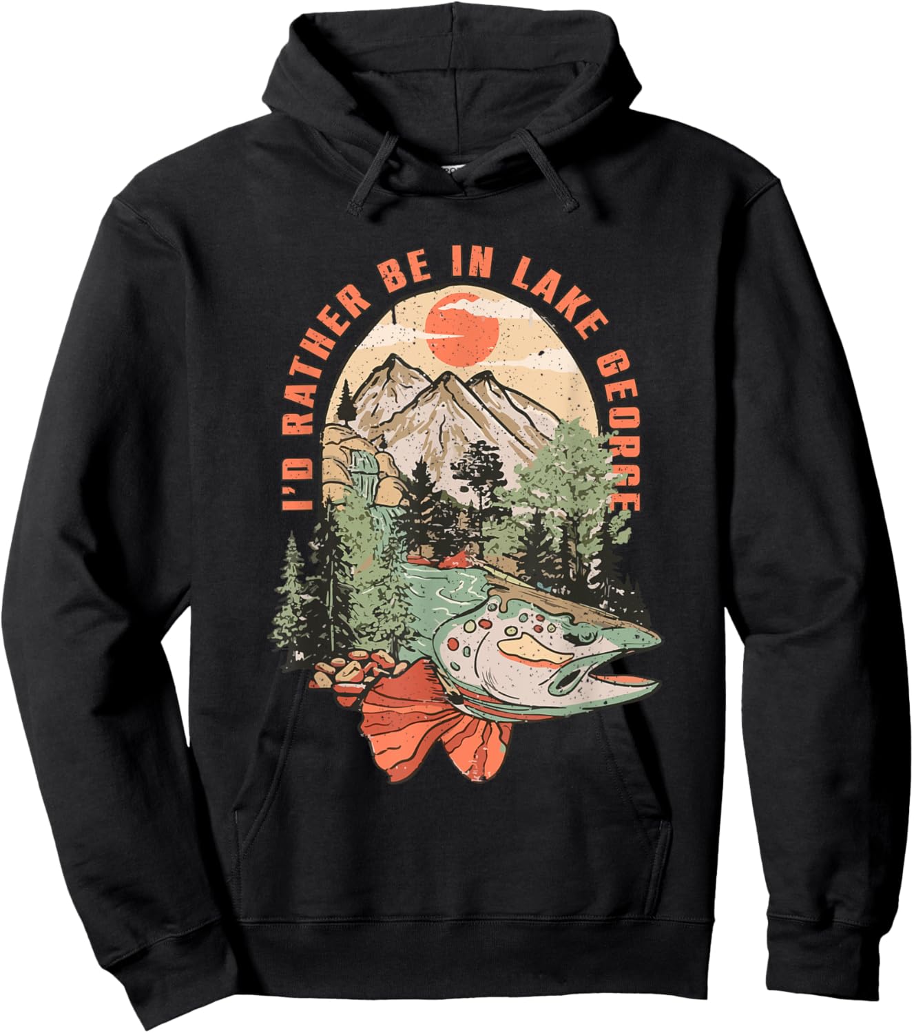 Vintage Lake Trout Fishing Lake George New York Camping Hoodie - Hoodie | Black