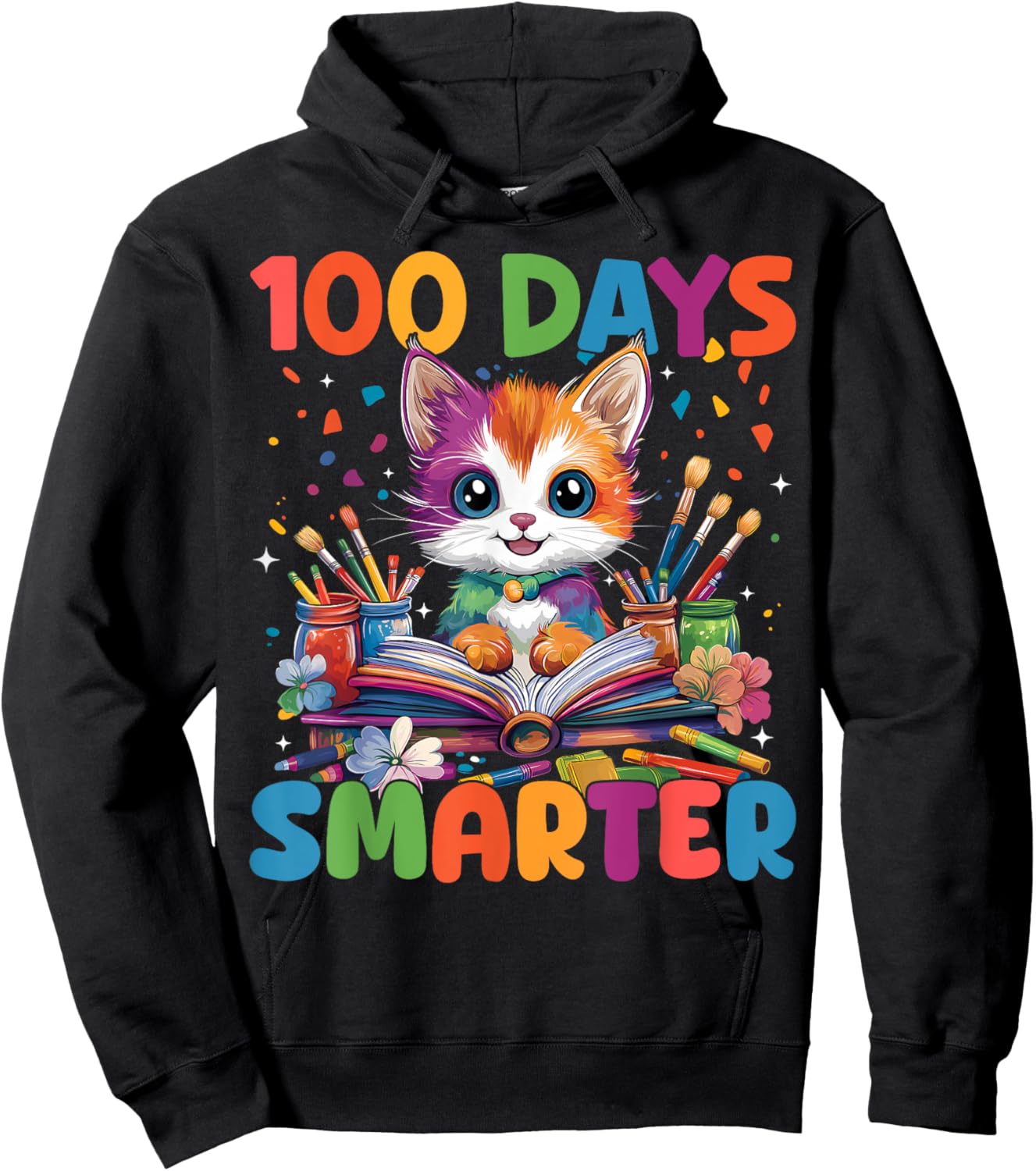 Cats 100th Day Of School Teacher 100 Days Smarter Cat Kitty Hoodie - Hoodie | Black