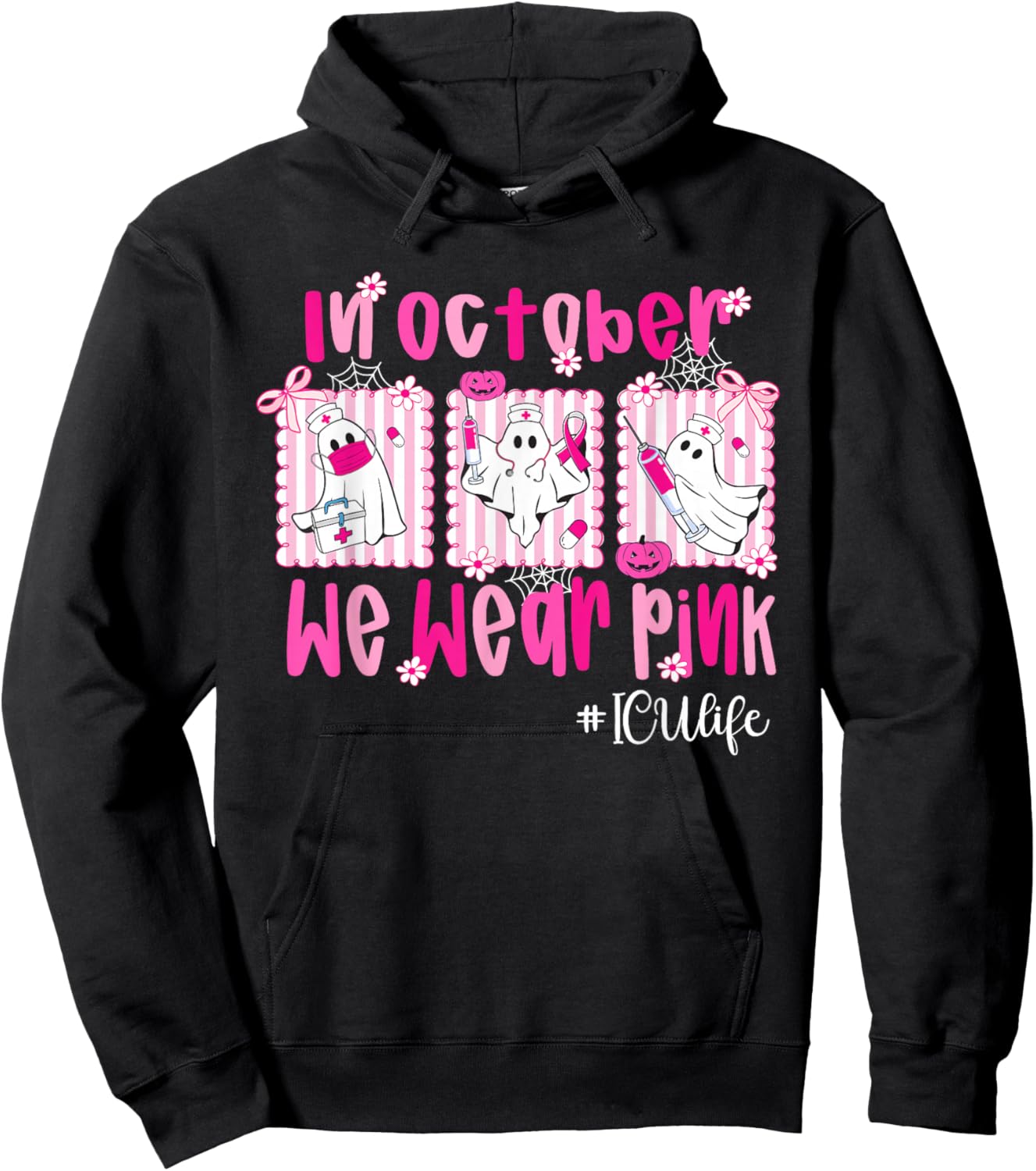 in October We Wear Pink ICU Life ICU Nurse Breast Cancer Hoodie - Hoodie | Black