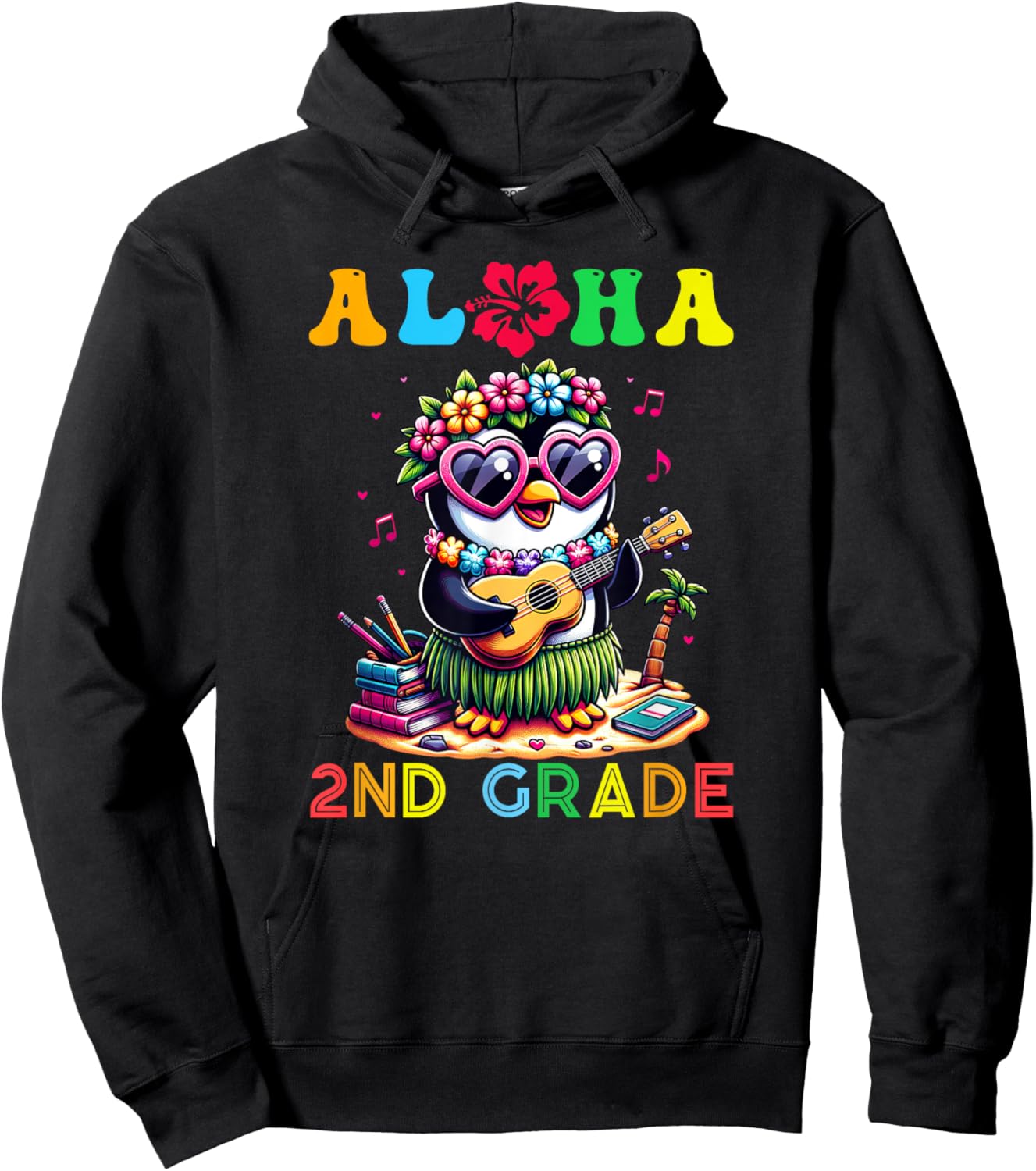 Aloha Second Grade Penguin Hawaii Back to School Kids Girl Hoodie - Hoodie | Black