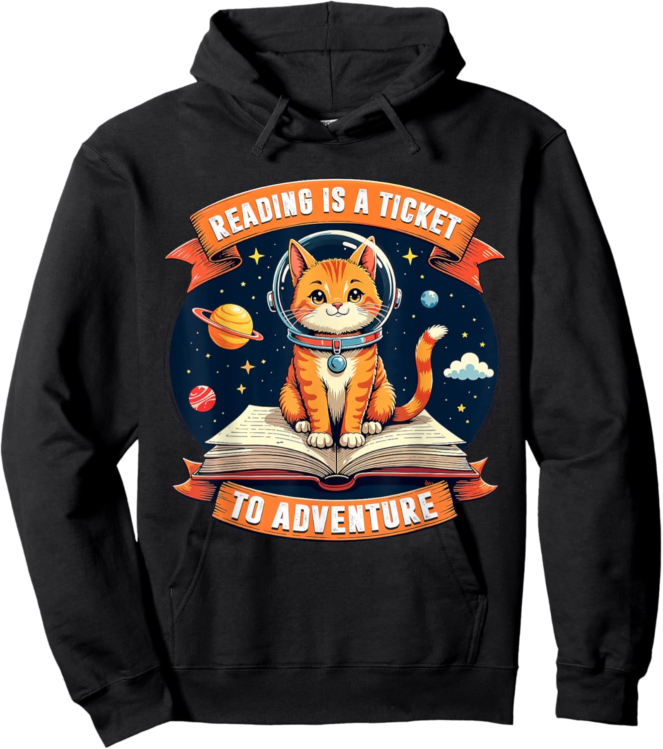 Reading Is A Ticket To Adventure Shirt Kids Space Cat Lover Hoodie - Hoodie | Black