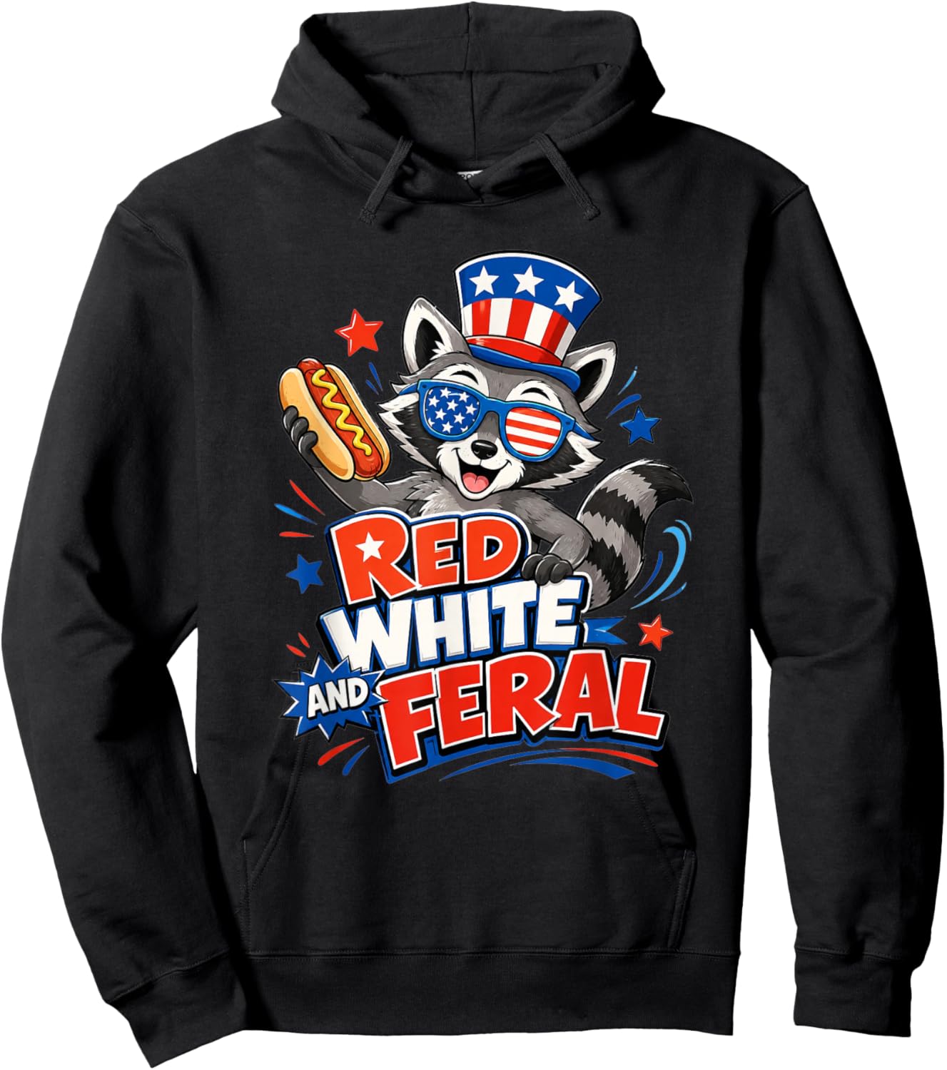 USA Kids Red Funny White and Feral Racoon Feral 4th of July Hoodie - Hoodie | Black