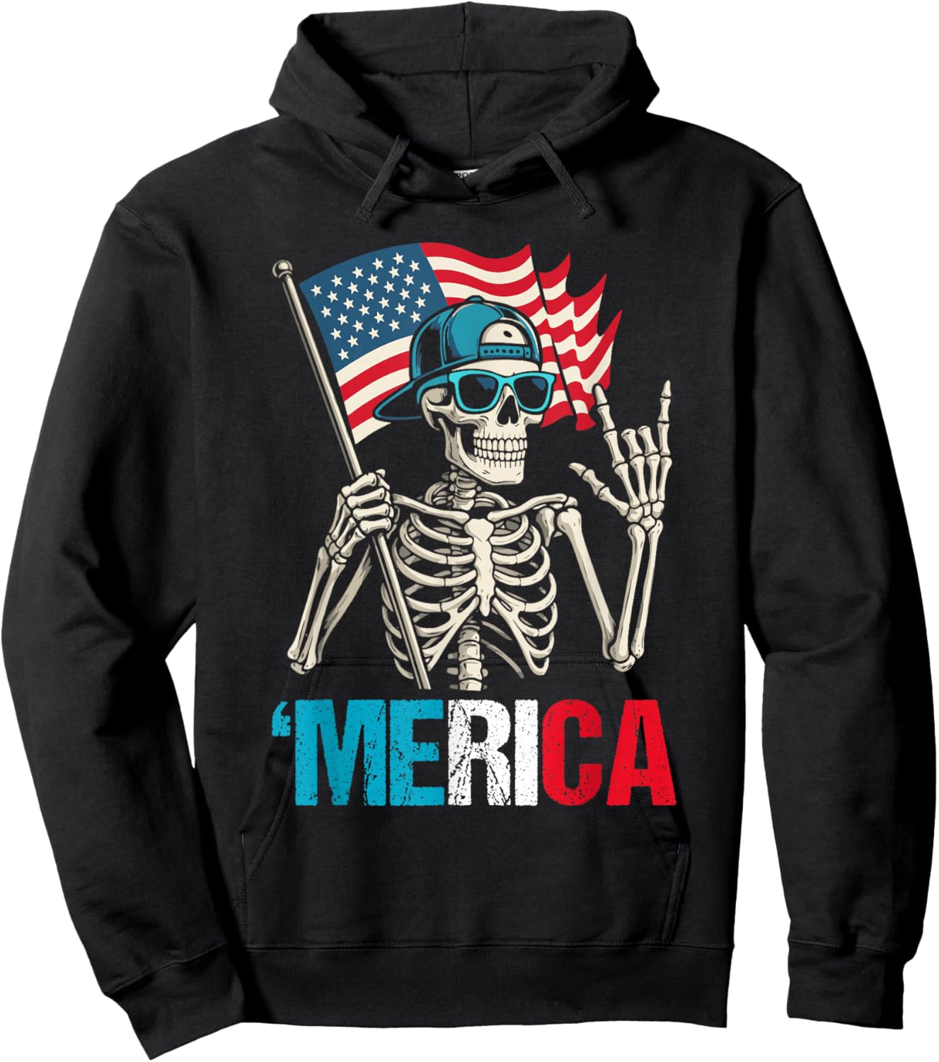 Skeleton Merica Rock American Flag Patriotic 4th of July Hoodie - Hoodie | Black