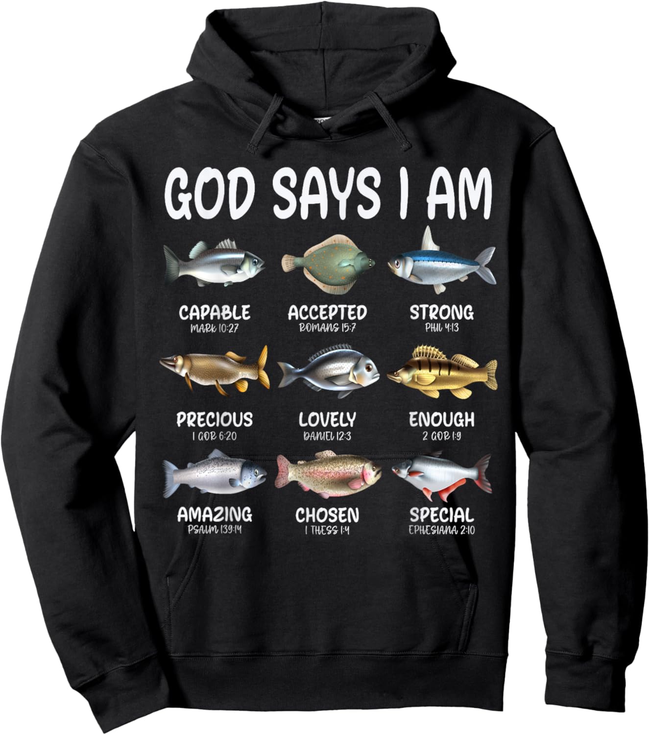 God Says I Am Christian Boys Girls Kids Fishing Fish Graphic Hoodie - Hoodie | Black