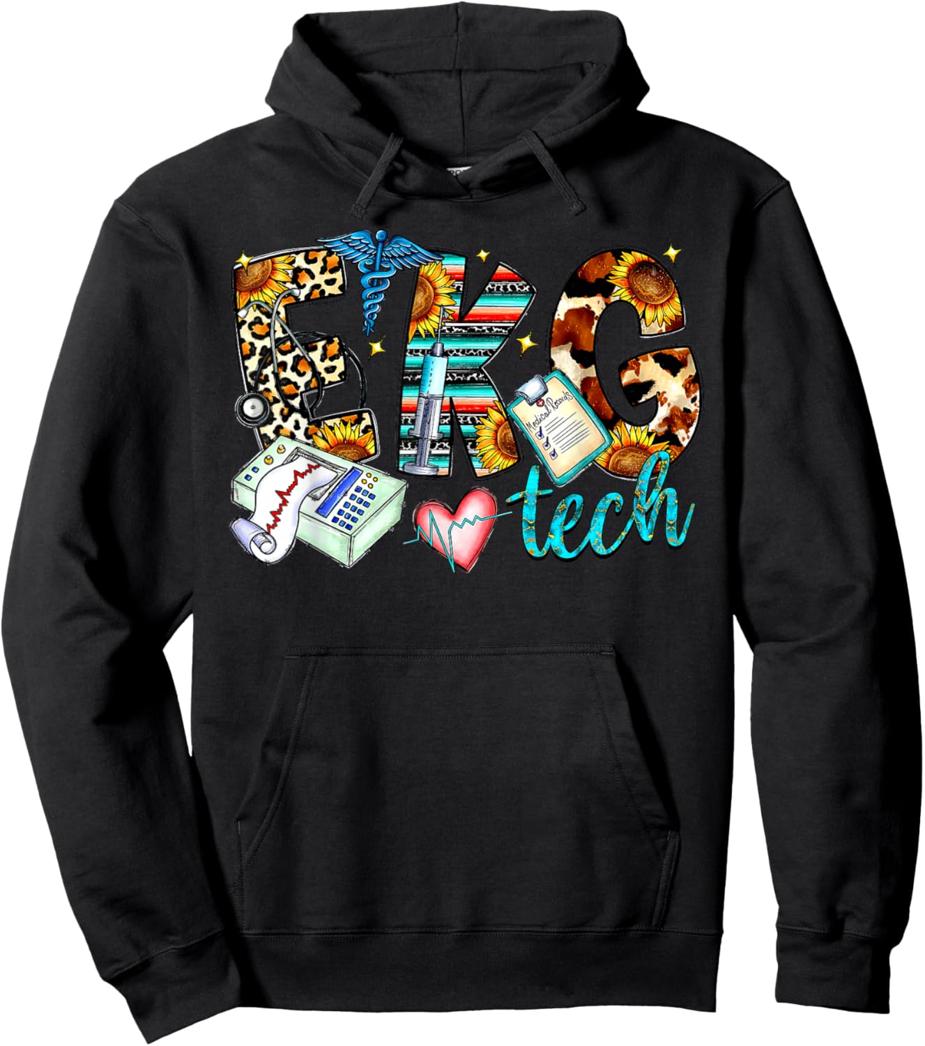 Retro Leopard EKG Tech Apparel Electrocardiogram Specialist Hoodie - Hoodie | Black