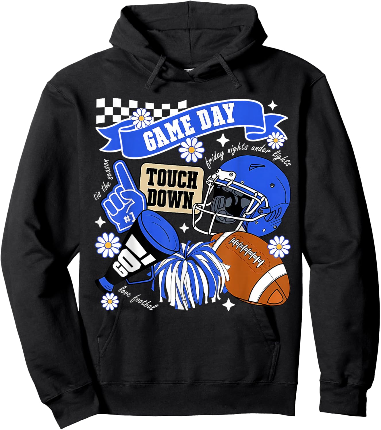 Blue Game Day Touchdown Football Lover Women Mom Men Kids Hoodie - Hoodie | Black