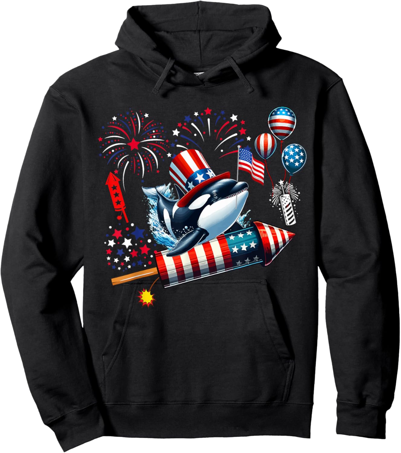 Orca Riding Firecracker US Flag 4th Of July Fireworks Hoodie - Hoodie | Black