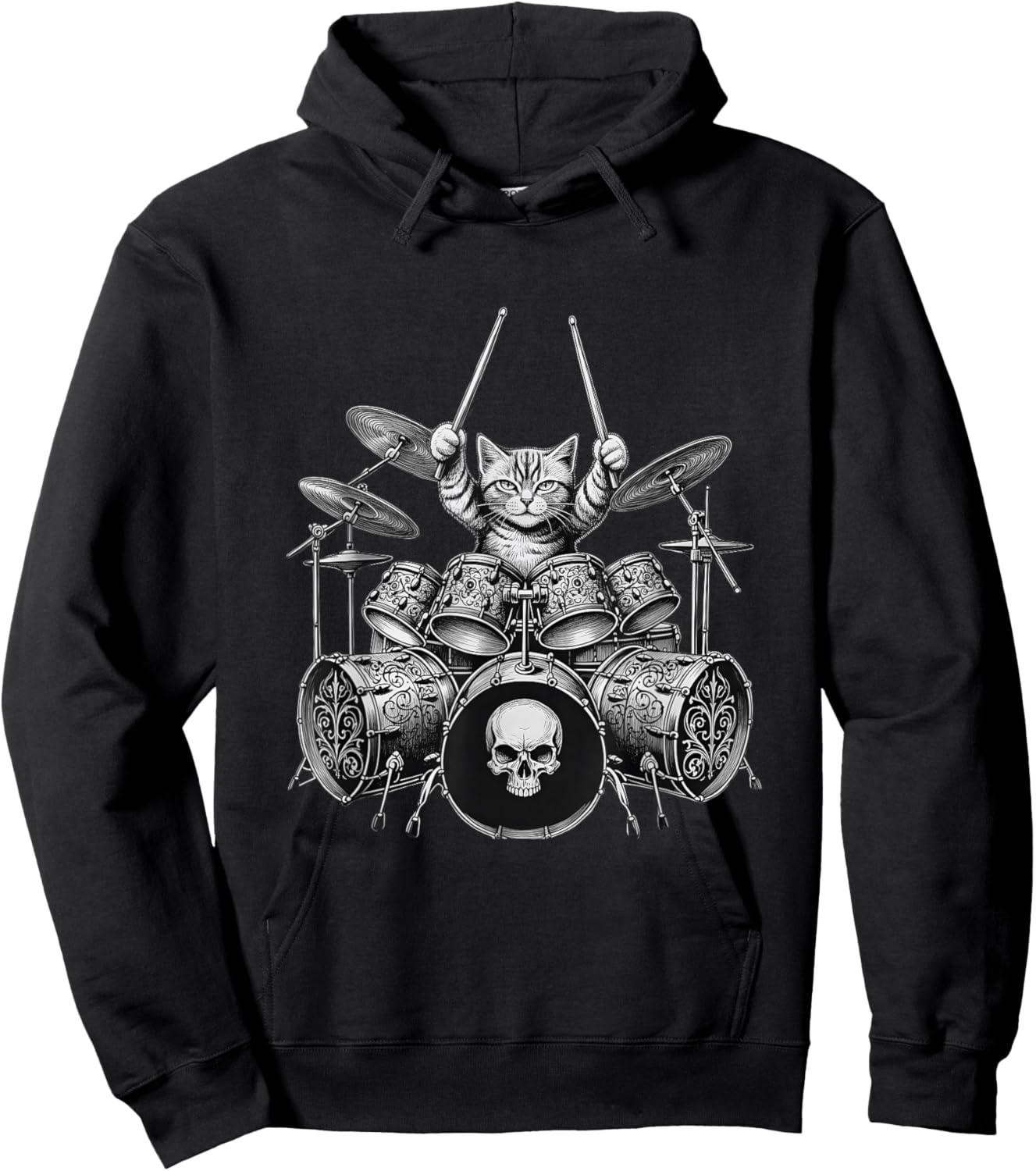 Cat Drummer Drum Kit Skull Rock Music Lover Women Hoodie - Hoodie | Black
