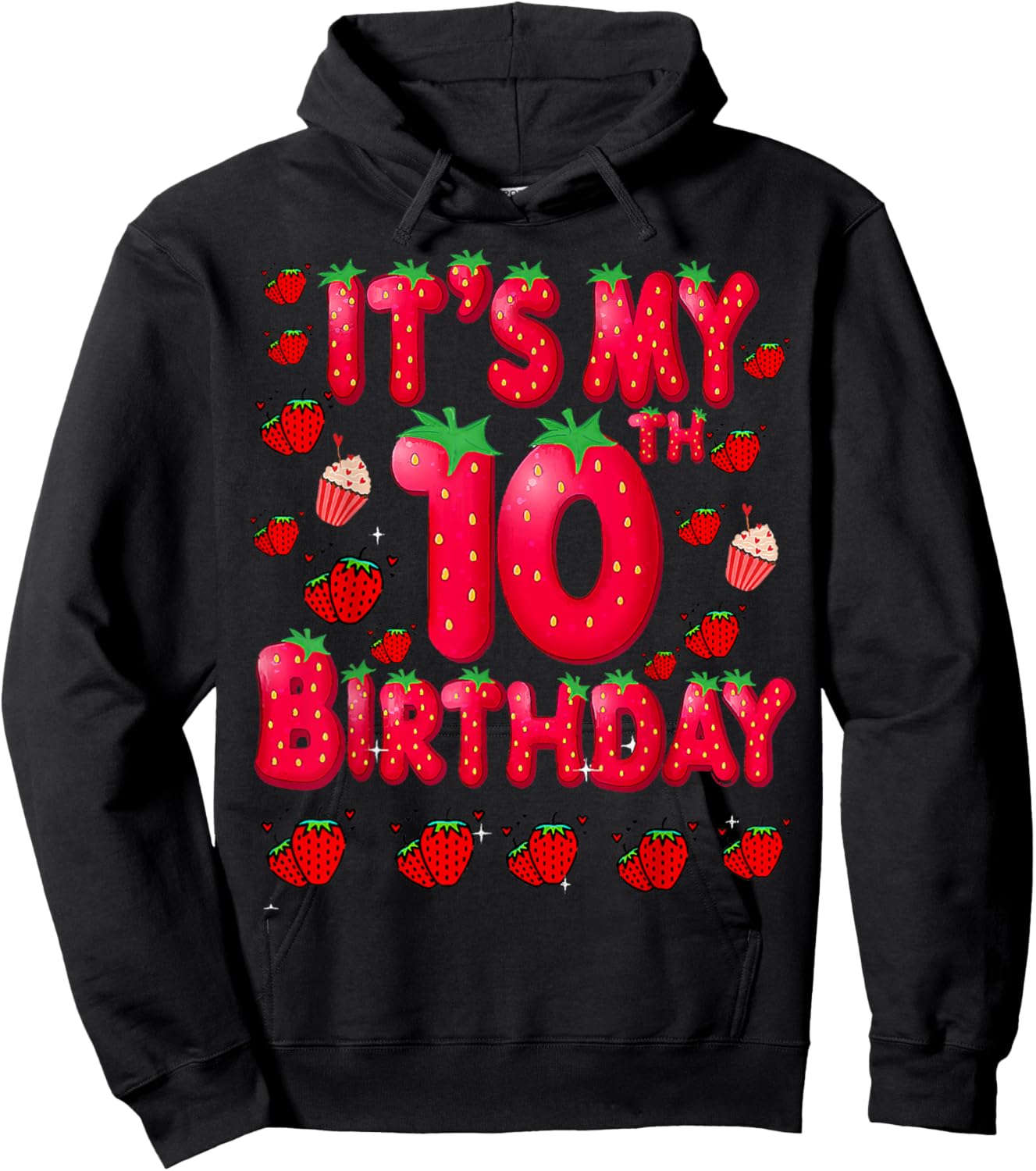 Kids 10 Year Old Strawberry Birthday Girl Sweet Fruit 10th Hoodie - Hoodie | Black