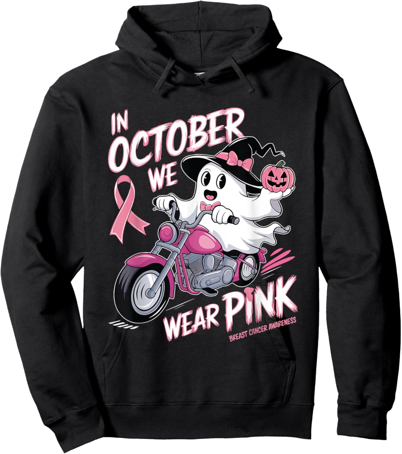 In October We Wear Pink Ghost Riding Motorcycle Halloween Hoodie - Hoodie | Black