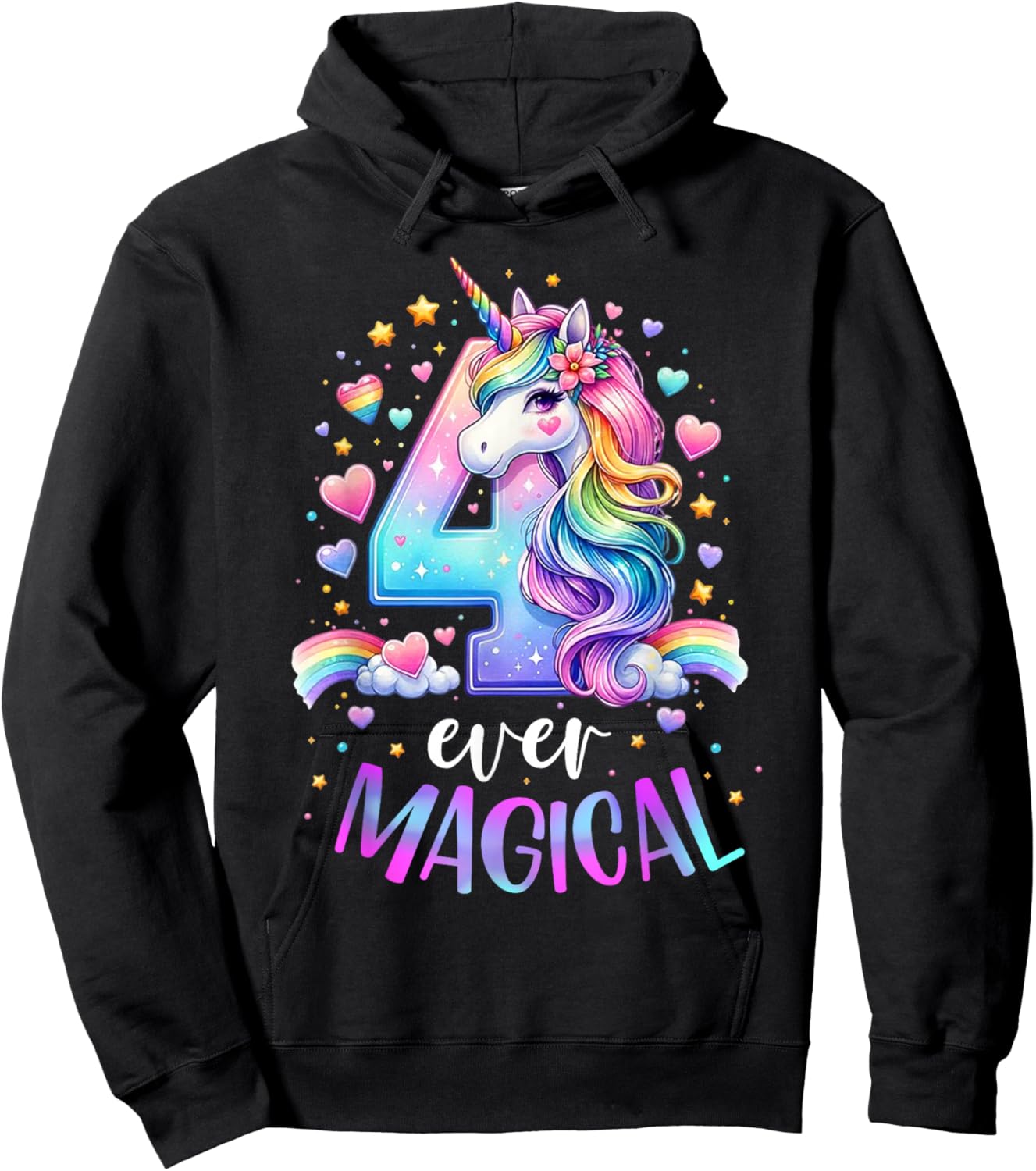 Funny Four Ever Magical 4th Birthday Kids Unicorn 4 Years Hoodie - Hoodie | Black