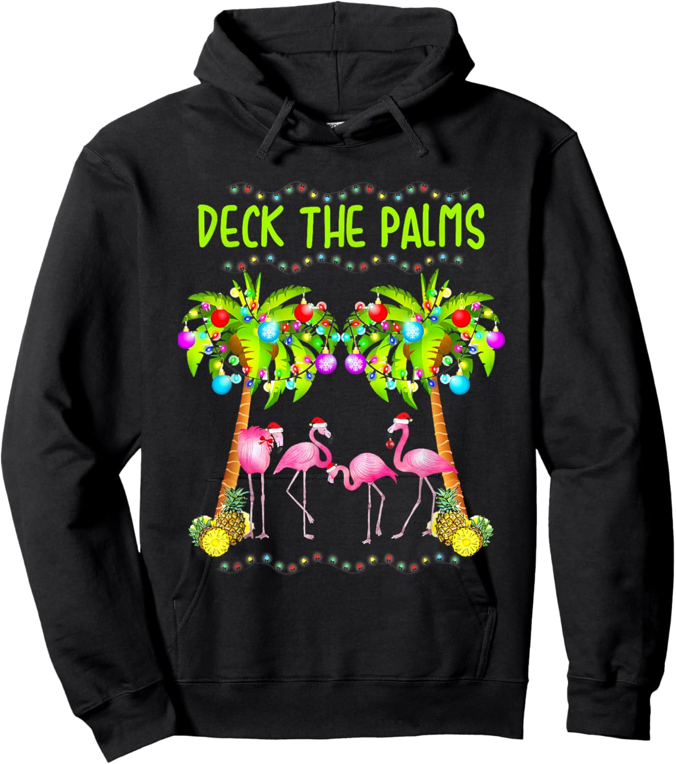 Deck The Palms Merry Flamingo Christmas Palm Tree Funny Xmas Hoodie - Hoodie | Black