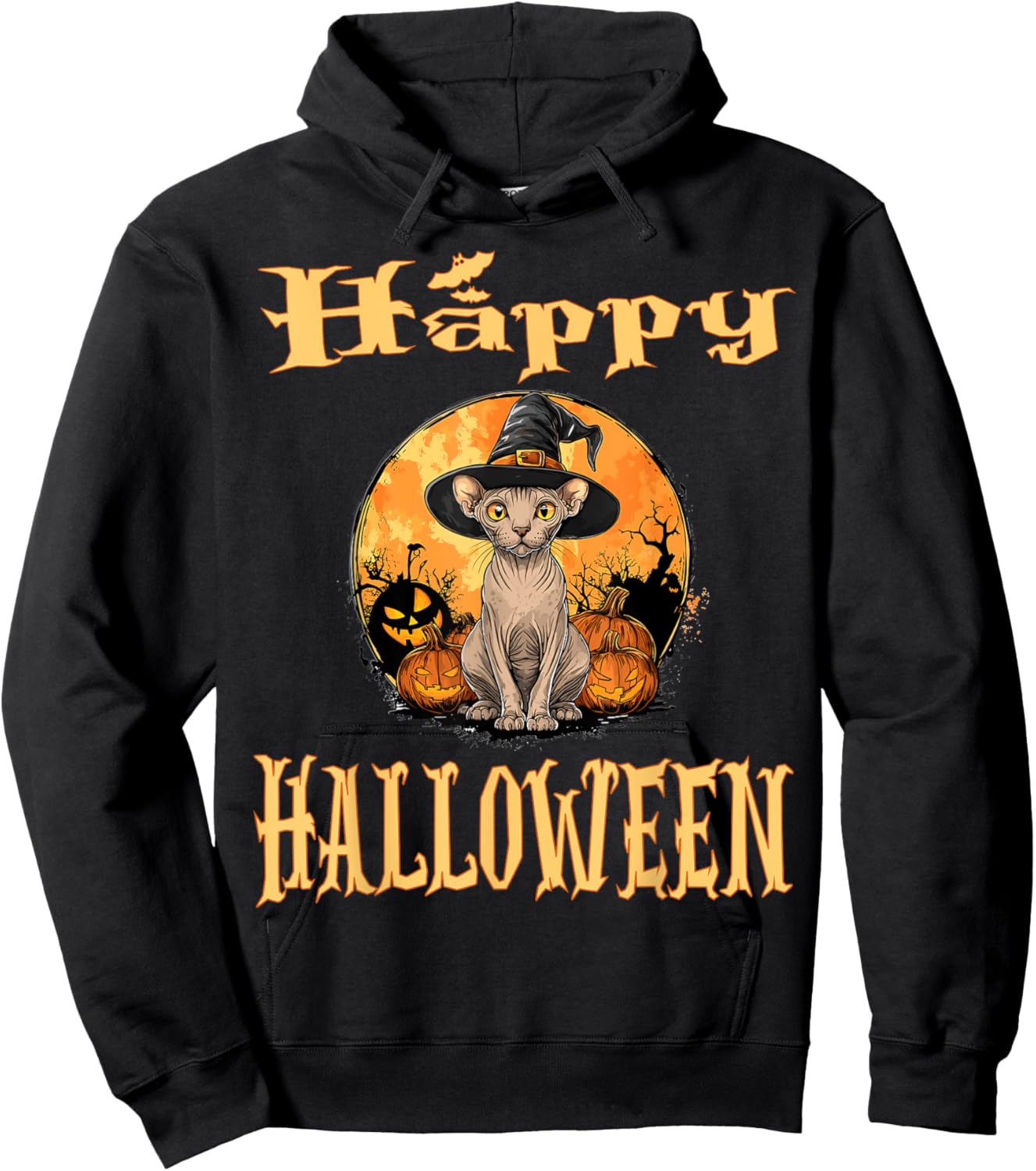 Sphynx Cat Animal Whitch Hat Halloween Pumpkin Spooky Happy Women Kids Hoodie - Hoodie | Black
