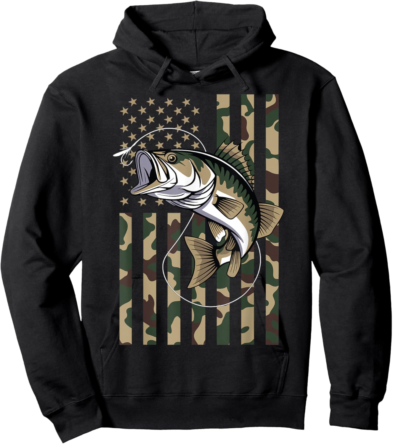 Camo US Flag Bass Fish Fishing Patriotic Men Women Hoodie - Hoodie | Black