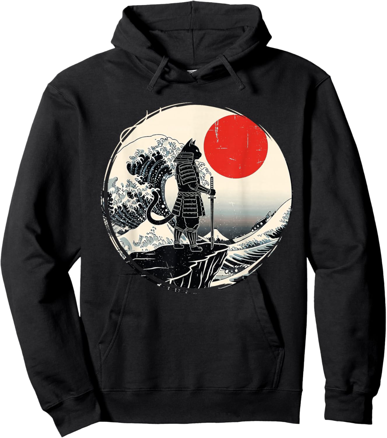 Samurai Cat Graphic Warrior Vintage Art Japanese Anime Hoodie - Hoodie | Black