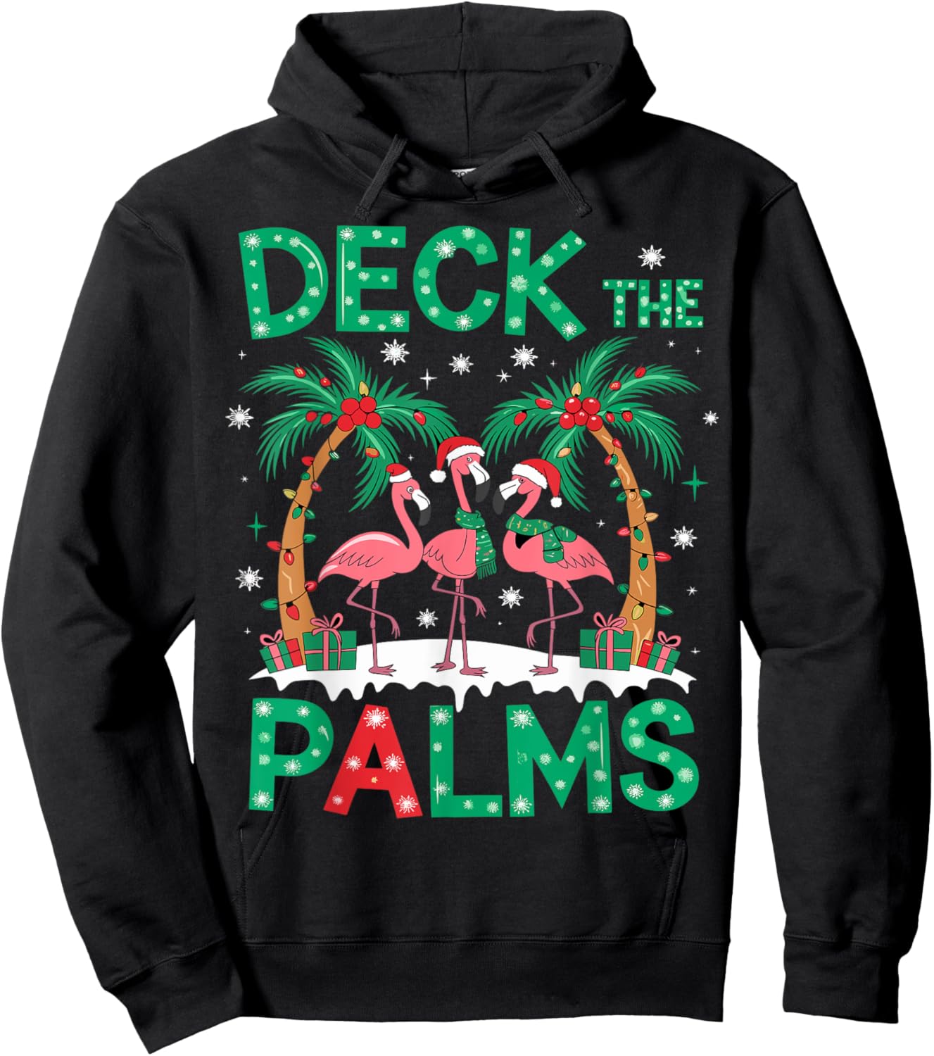 Deck the Palms Flamingo Tropical Christmas Lights Palm Tree Hoodie - Hoodie | Black