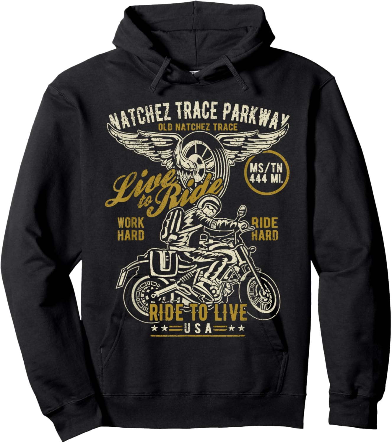 Natchez Trace Parkway MS TN USA Motorcycle Distressed Design Hoodie - Hoodie | Black