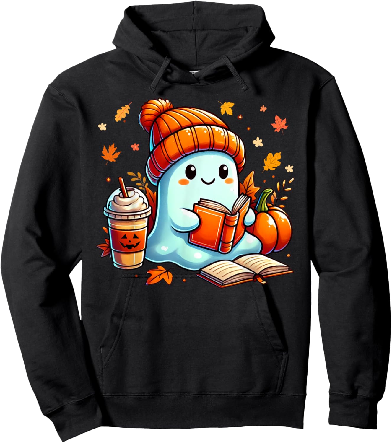 Cute Ghost Reading Book Lovers Halloween Coffee and Book Hoodie - Hoodie | Black