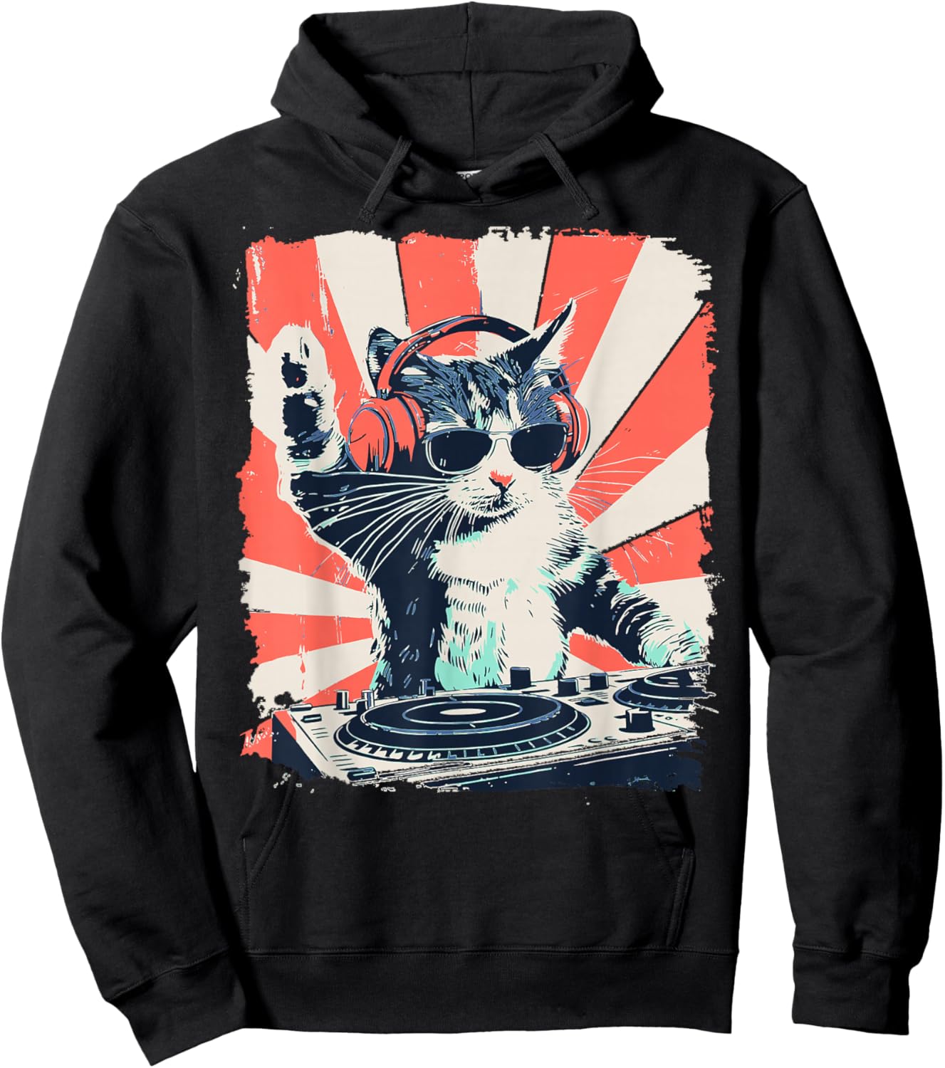 Funny DJ Cat with Headphones Retro Music Lover Art Hoodie - Hoodie | Black