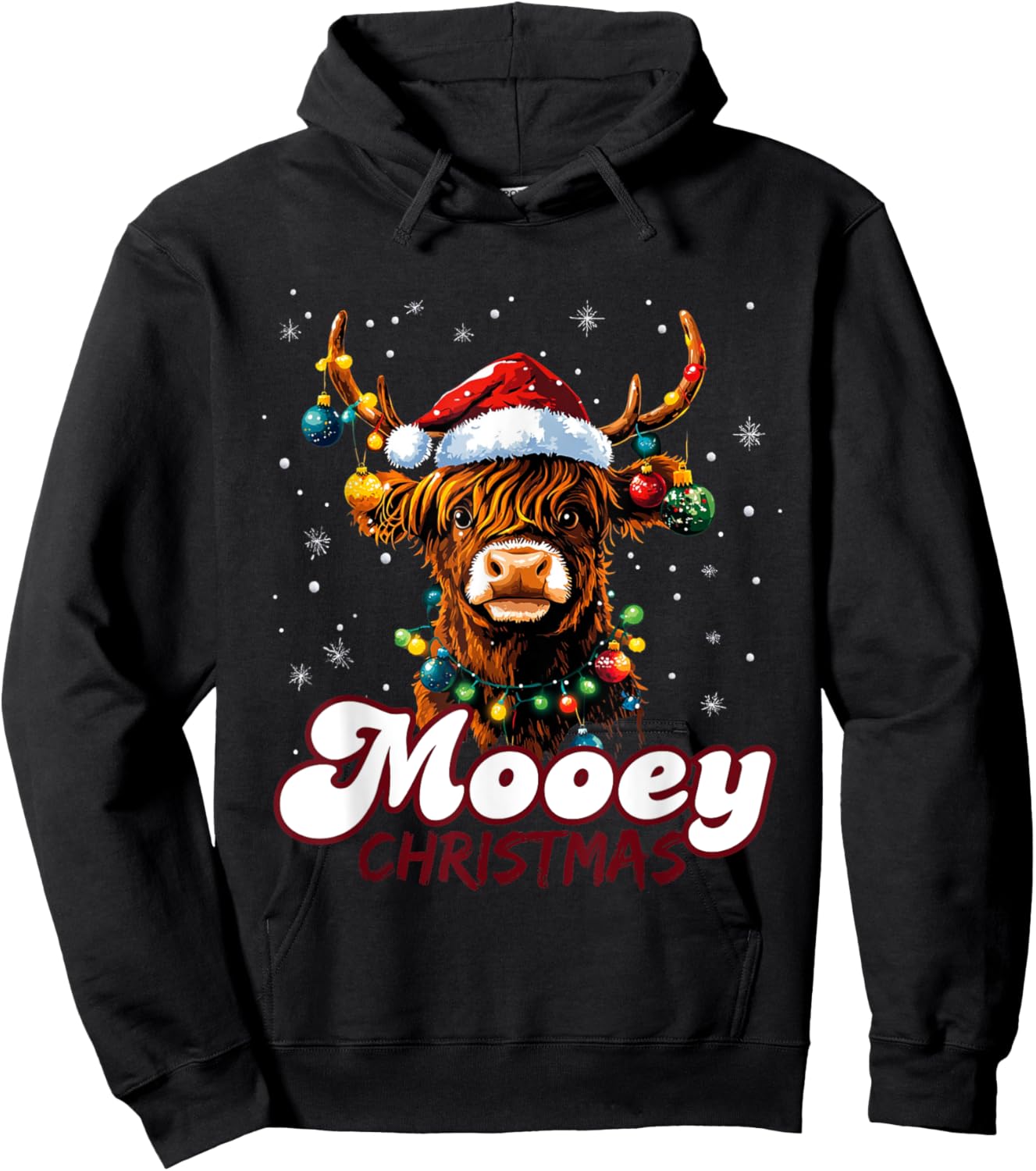 Mooey Christmas Highland Cow with Santa Hat and Xmas Lights Hoodie - Hoodie | Black