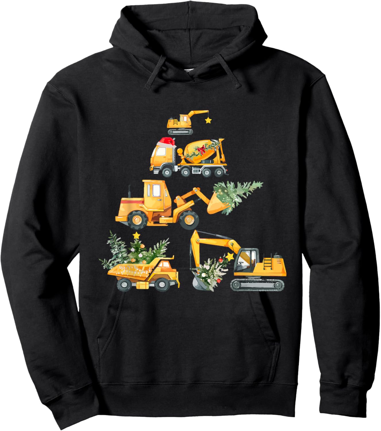 Christmas Excavator Construction Truck Xmas Tree Boys Kids Hoodie - Hoodie | Black