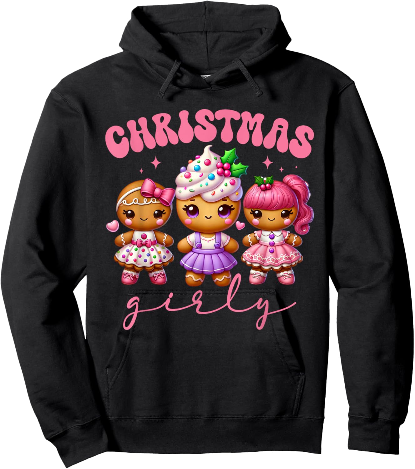 Pink Cute Gingerbread Christmas Girly Pajama Outfits Hoodie - Hoodie | Black