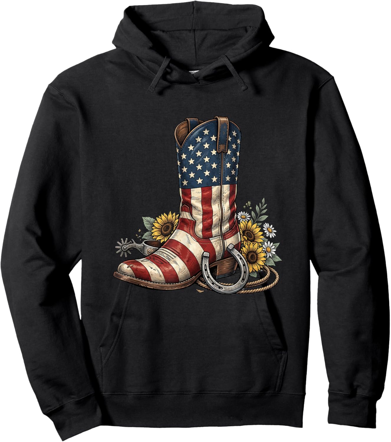 Western Cowboy Boot Sunflower American Flag 4th of July Hoodie - Hoodie | Black