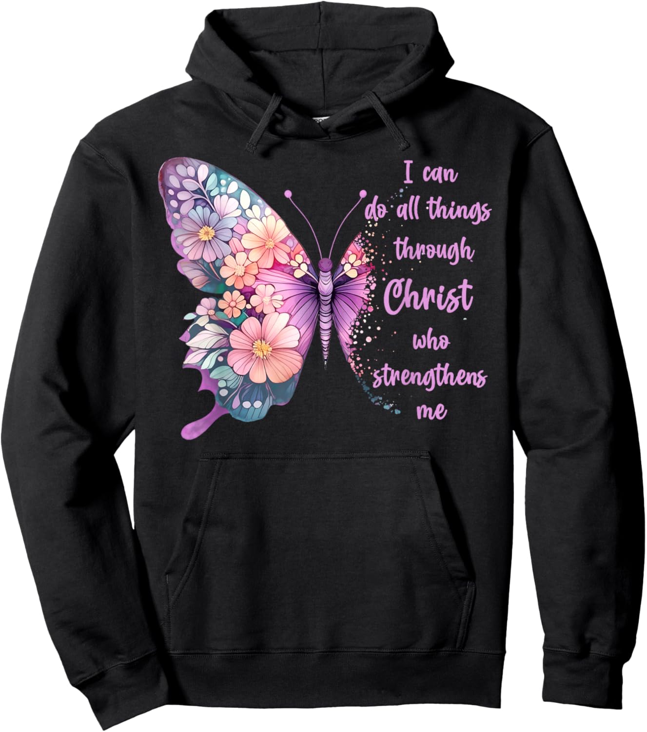 Jesus Shirts Apparel And Accessories I Can Do All Things Through Christ Pretty Butterfly -Adults Kids Black Small Hoodie - Hoodie | Black