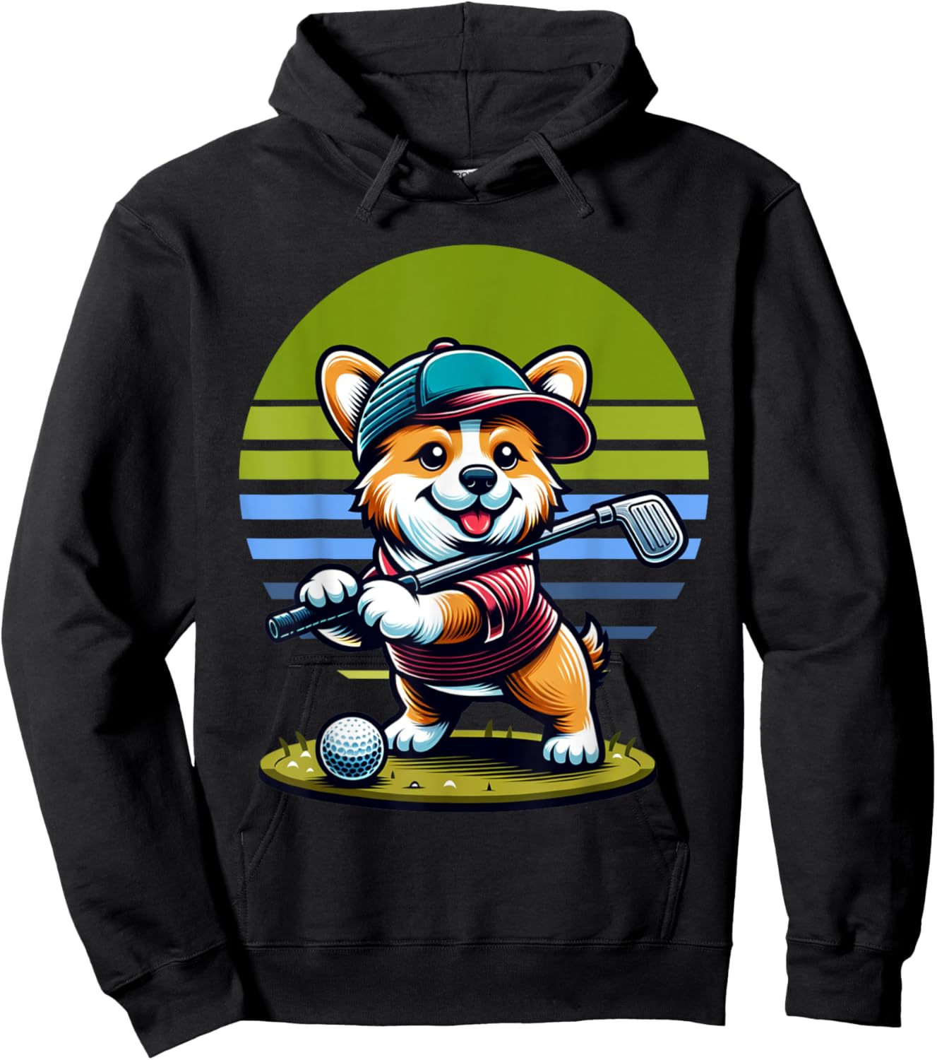 Standing Corgi Swinging Golf Club. Funny Corgi And Golf Hoodie - Hoodie | Black