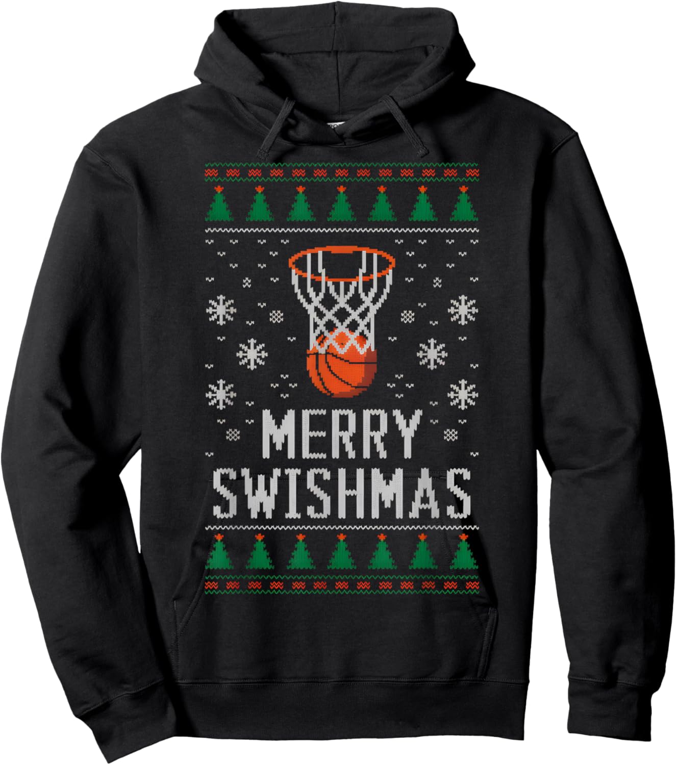 Merry Swishmas X-Mas Basketball Ugly Christmas Sweater Style Hoodie - Hoodie | Black