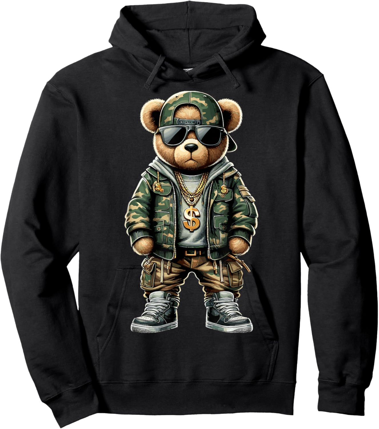 Hip Hop Teddy Bear Camouflage Hoodie - Hoodie | Black