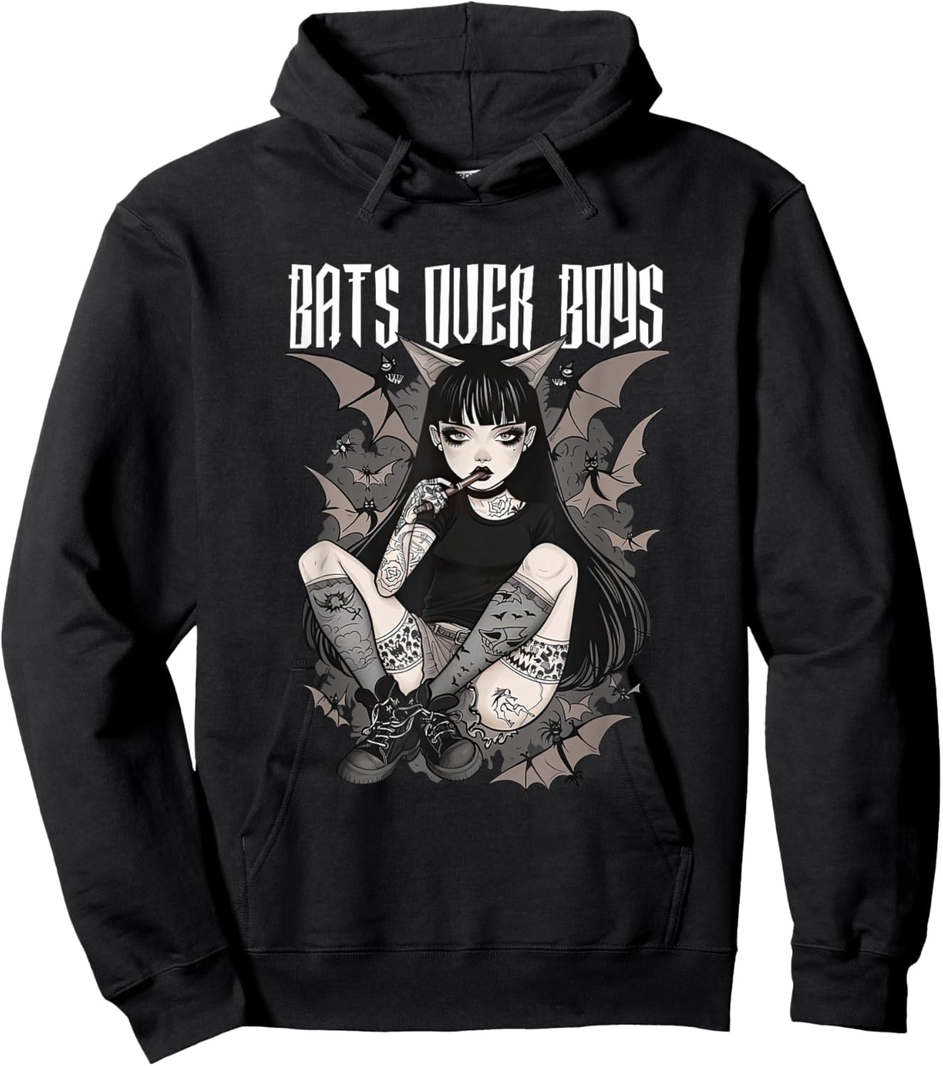 Bats Over Boys Quote Dark Aesthetic Spooky Gothic Anime Girl Hoodie - Hoodie | Black