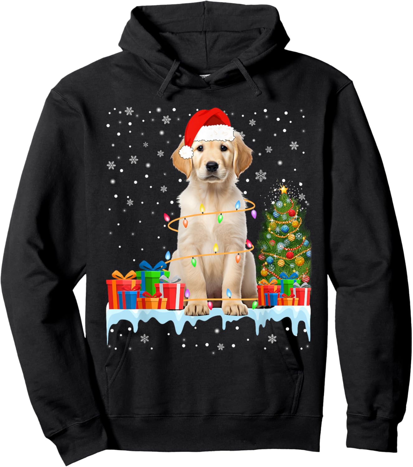 Funny Santa Labrador Dog Christmas Lights Xmas Pajamas Women Kids Hoodie - Hoodie | Black